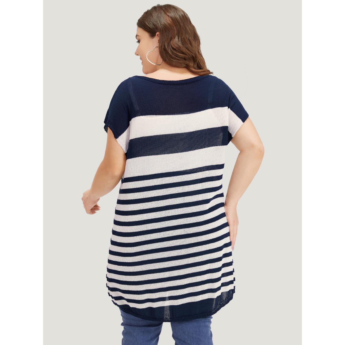 Plus Size Striped Contrast Boat Neck Cap Sleeve Pullover Indigo Women Casual Loose Short sleeve Round Neck Dailywear Pullovers BloomChic 28/5X Product Image