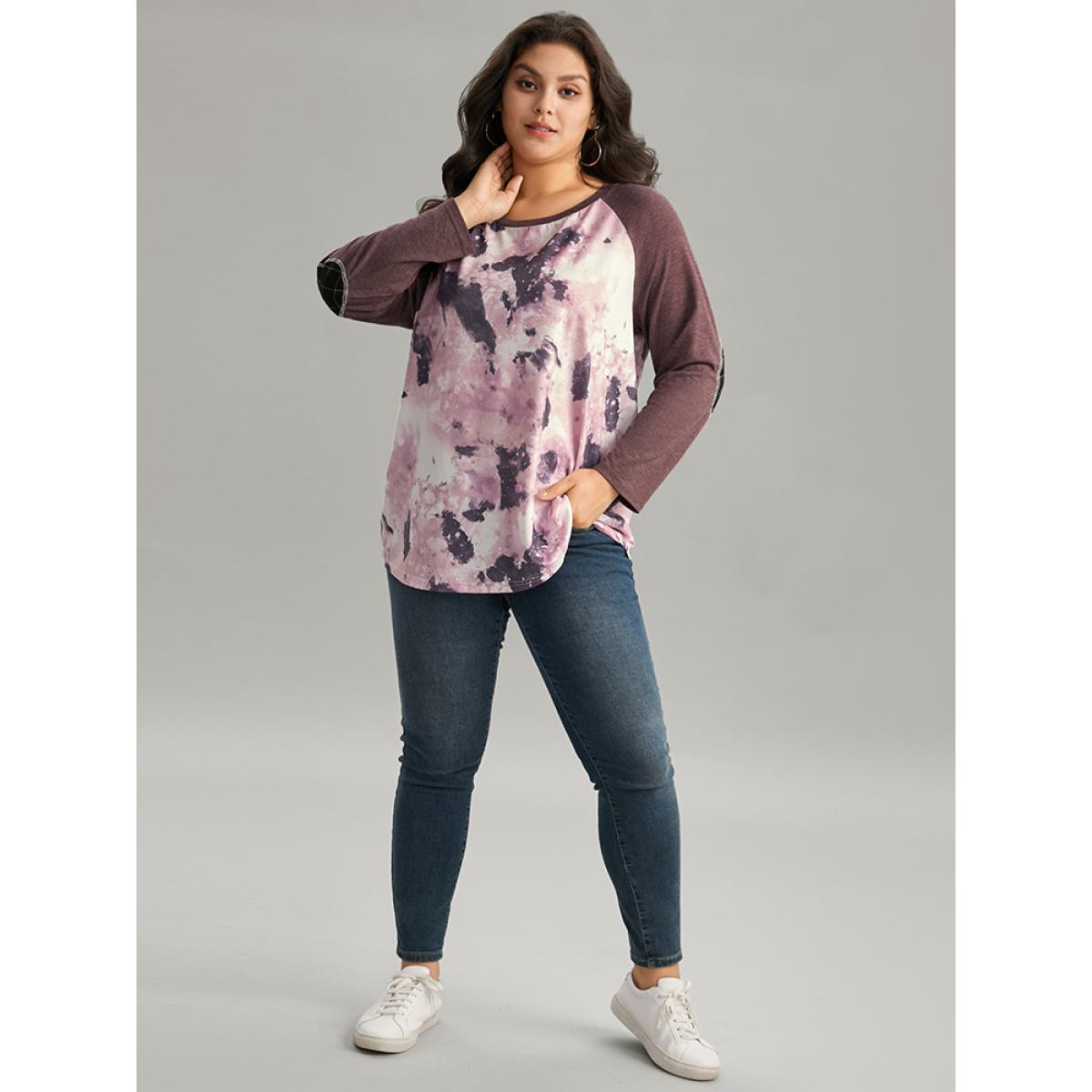 Plus Size Tie Dye Patchwork Contrast Raglan Sleeve T-shirt Multicolor Women Casual Contrast Tie Dye Round Neck Dailywear T-shirts BloomChic 10/M Product Image