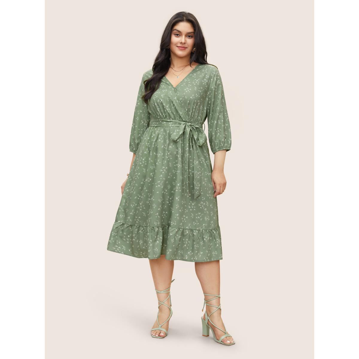 Plus Size Ditsy Floral Belted Surplice Neck Gathered Dress Mint Women Elegant Non Overlap Collar Elbow-length sleeve Curvy Midi Dress BloomChic 14-16/1X Product Image