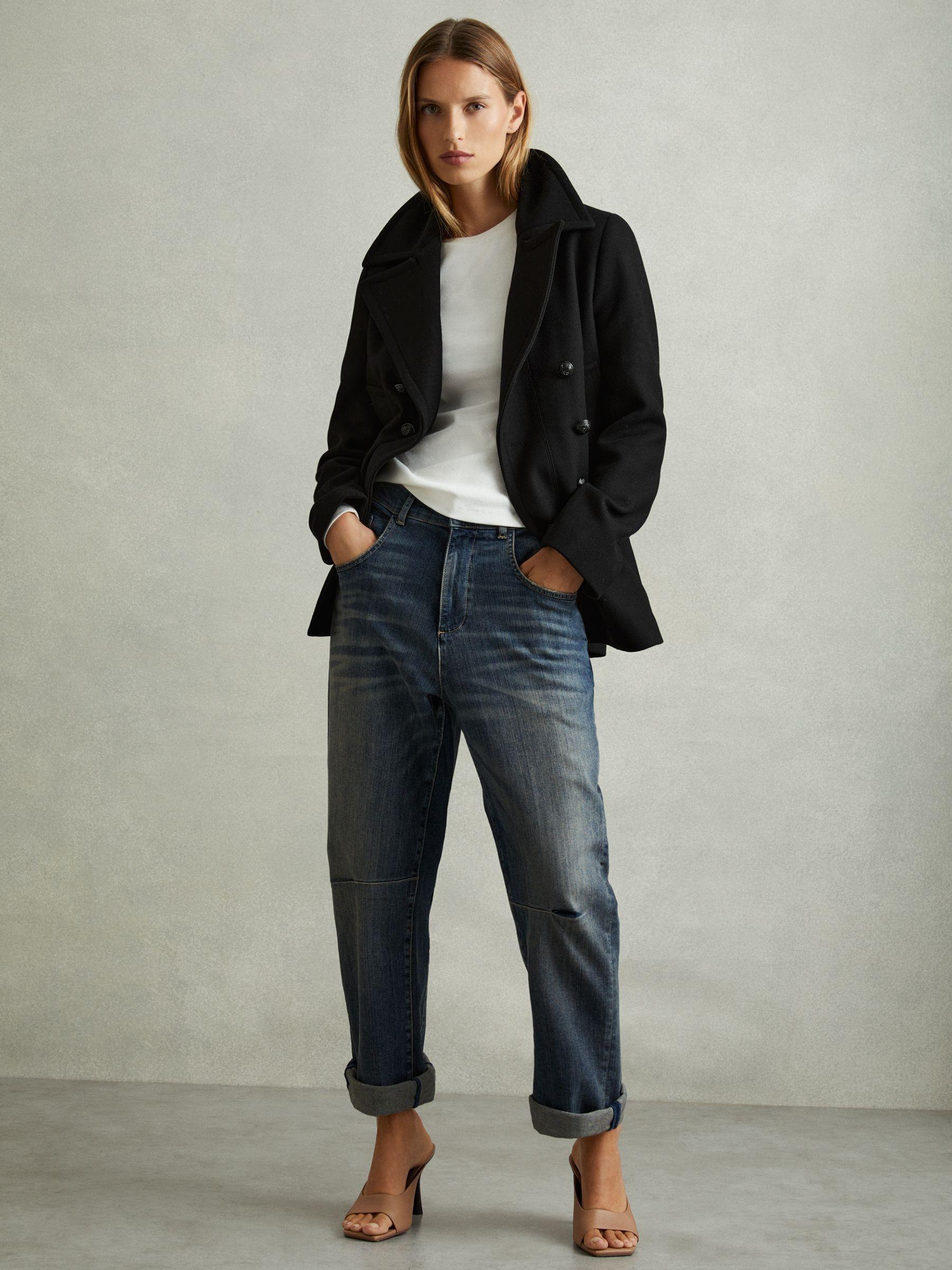 Wool Blend Double Breasted Pea Coat in Black Product Image