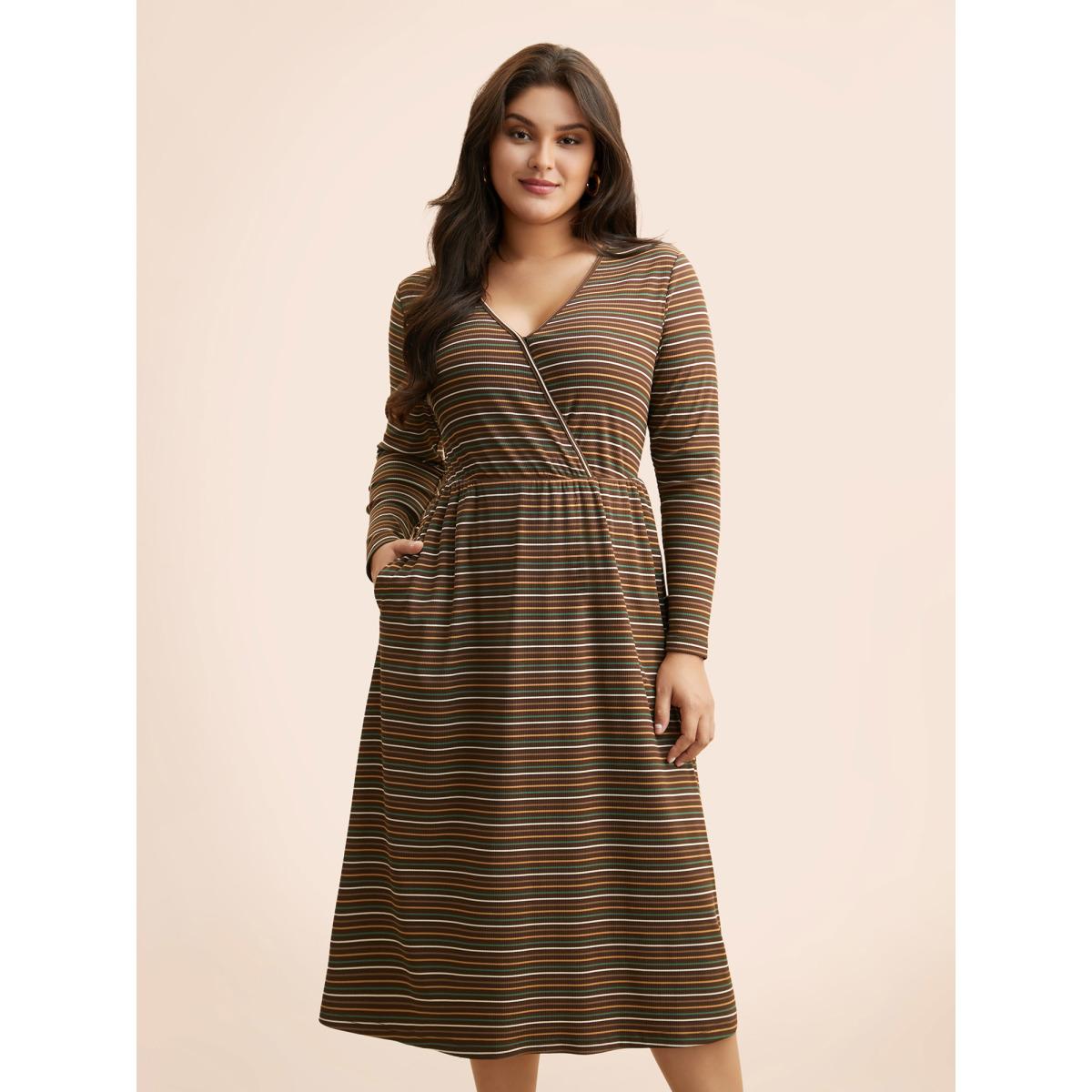 Plus Size Striped Overlap Collar Midi Dress Browncoffeecolor Women Elegant Texture Overlap Collar Long Sleeve Curvy BloomChic 18-20/2X Product Image