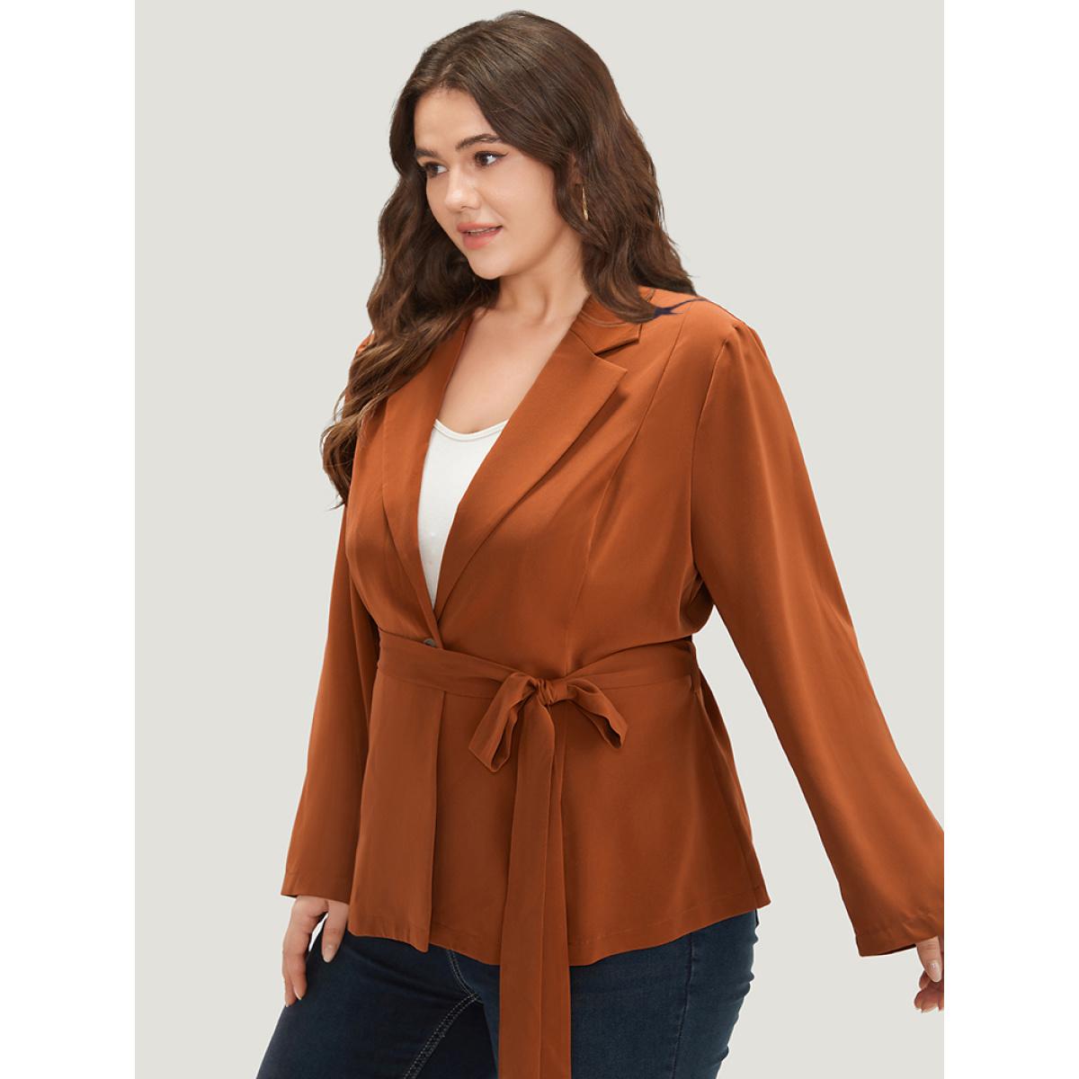 Plus Size Solid Belted Suit Collar Blazer Chocolate Women Dailywear Plain Plain Sleeve Long Sleeve Suit Collar 28/5X Belt Casual Blazers BloomChic Product Image