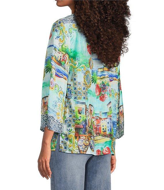 JOHNNY WAS Scenic Print Silk Split V-Neck 3/4 Sleeve Flowy Blouse Product Image