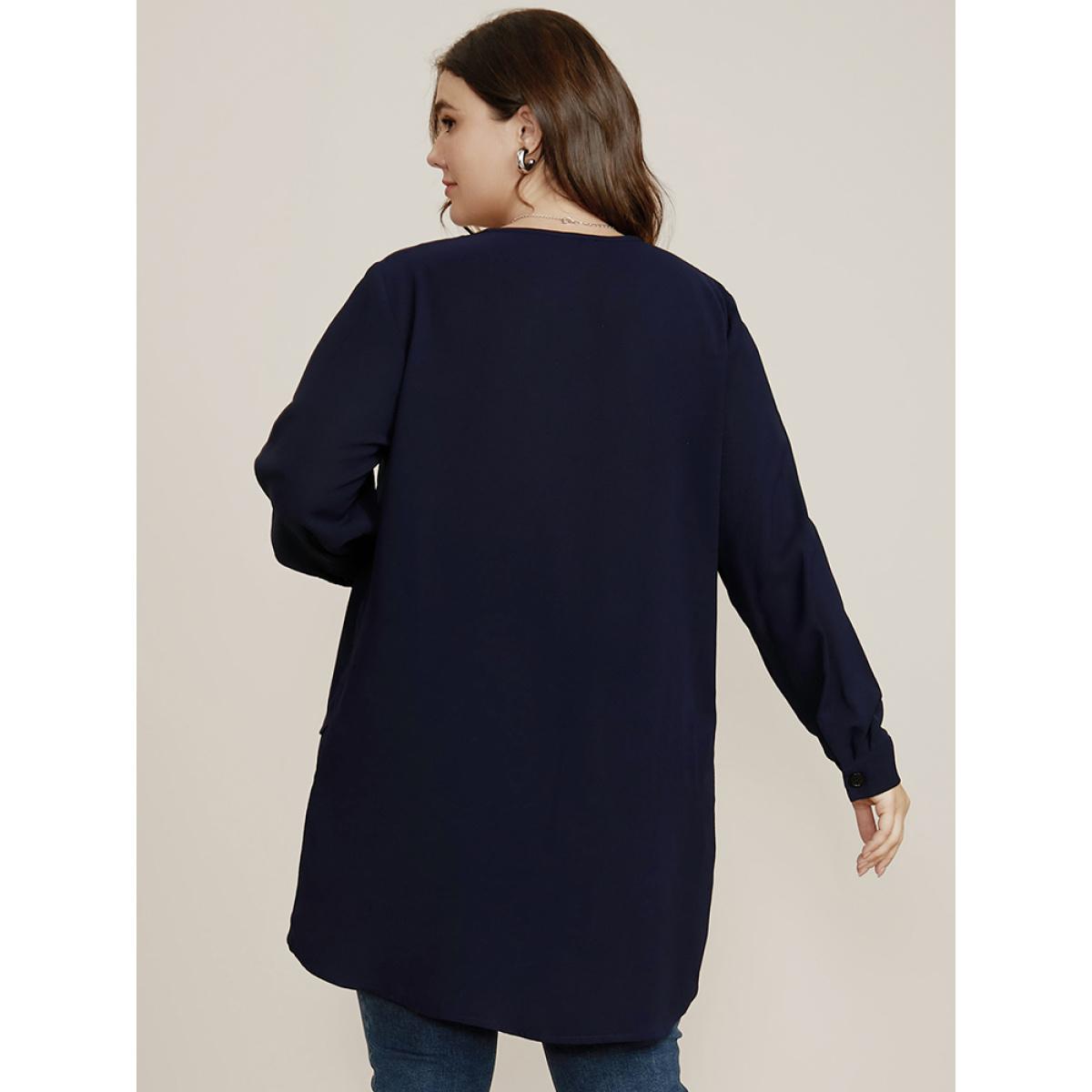 Plus Size DarkBlue Solid V Neck High Low Hem Blouse Women Office Long Sleeve V-neck Work Blouses BloomChic 30/6X Product Image