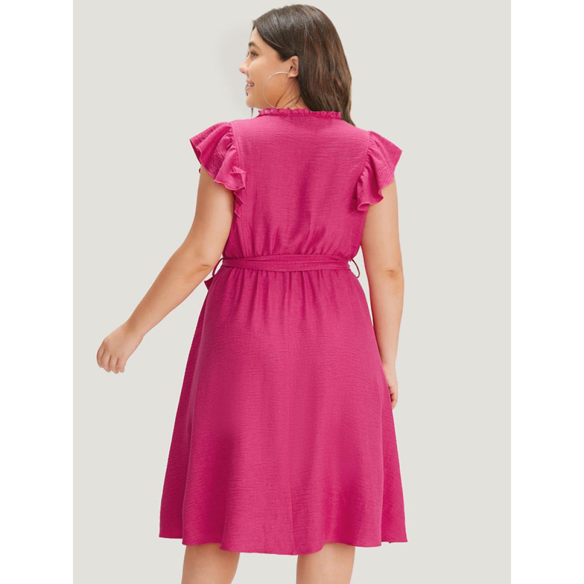 Plus Size Solid Pocket Lace Insert Pleated Flutter Sleeve Dress RedViolet Women Office Gathered Round Neck Sleeveless Curvy Knee Dress BloomChic 10/M Product Image