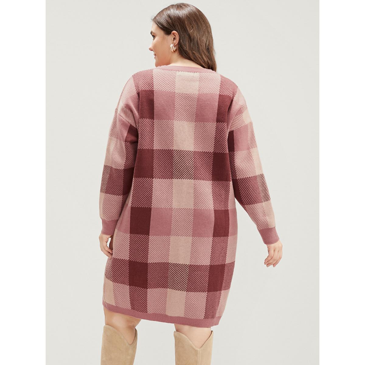 Plus Size Plaid Contrast Pointelle Knit V Neck Sweater Dress Burgundy Women Elegant Long Sleeve Dailywear Sweater Dresses BloomChic 26/4X Product Image