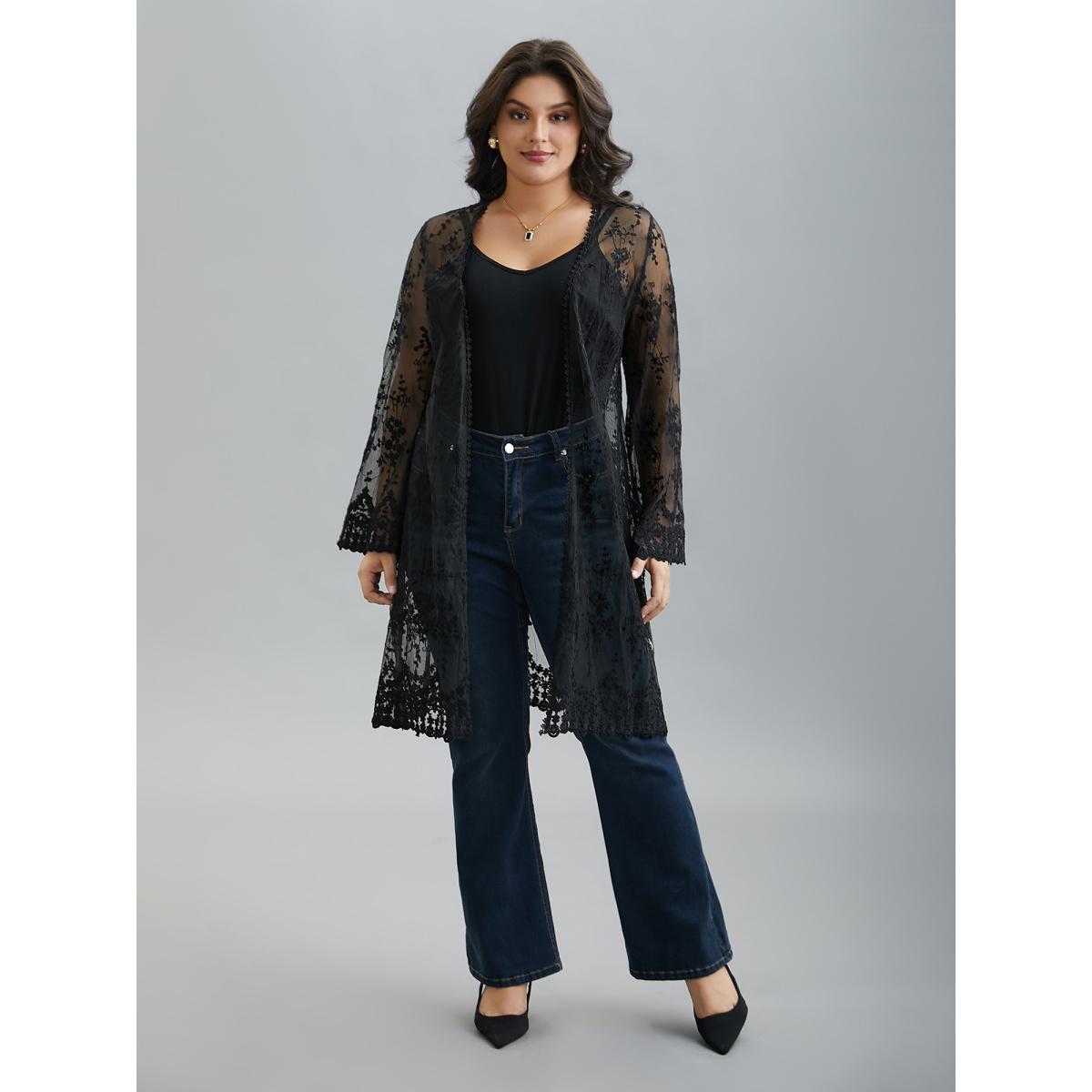 Plus Size Lace Embroidered Sheer Open-Front Kimono Women Black Elegant Woven ribbon&lace trim Loose Everyday Kimonos BloomChic 22-24/3X Product Image
