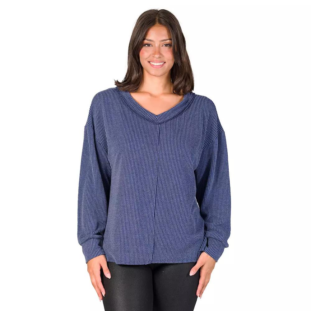 Women's 24Seven Comfort Apparel Relaxed Fit Ribbed V Neck Sweater Top,  Product Image
