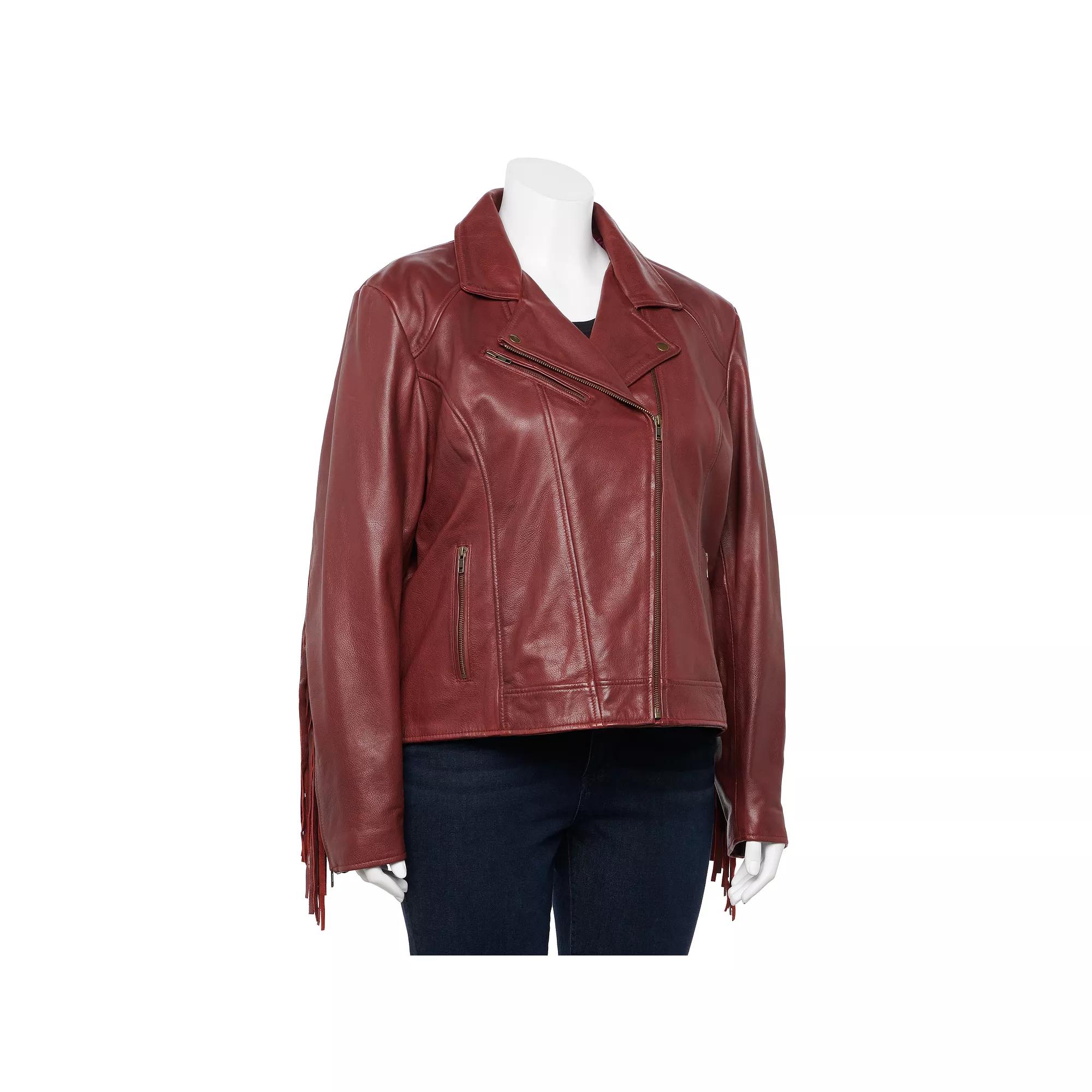 Plus Size Whet Blu Daisy Fringe Asymmetrical Leather Jacket, Women's, Size: 3XL, Red Product Image