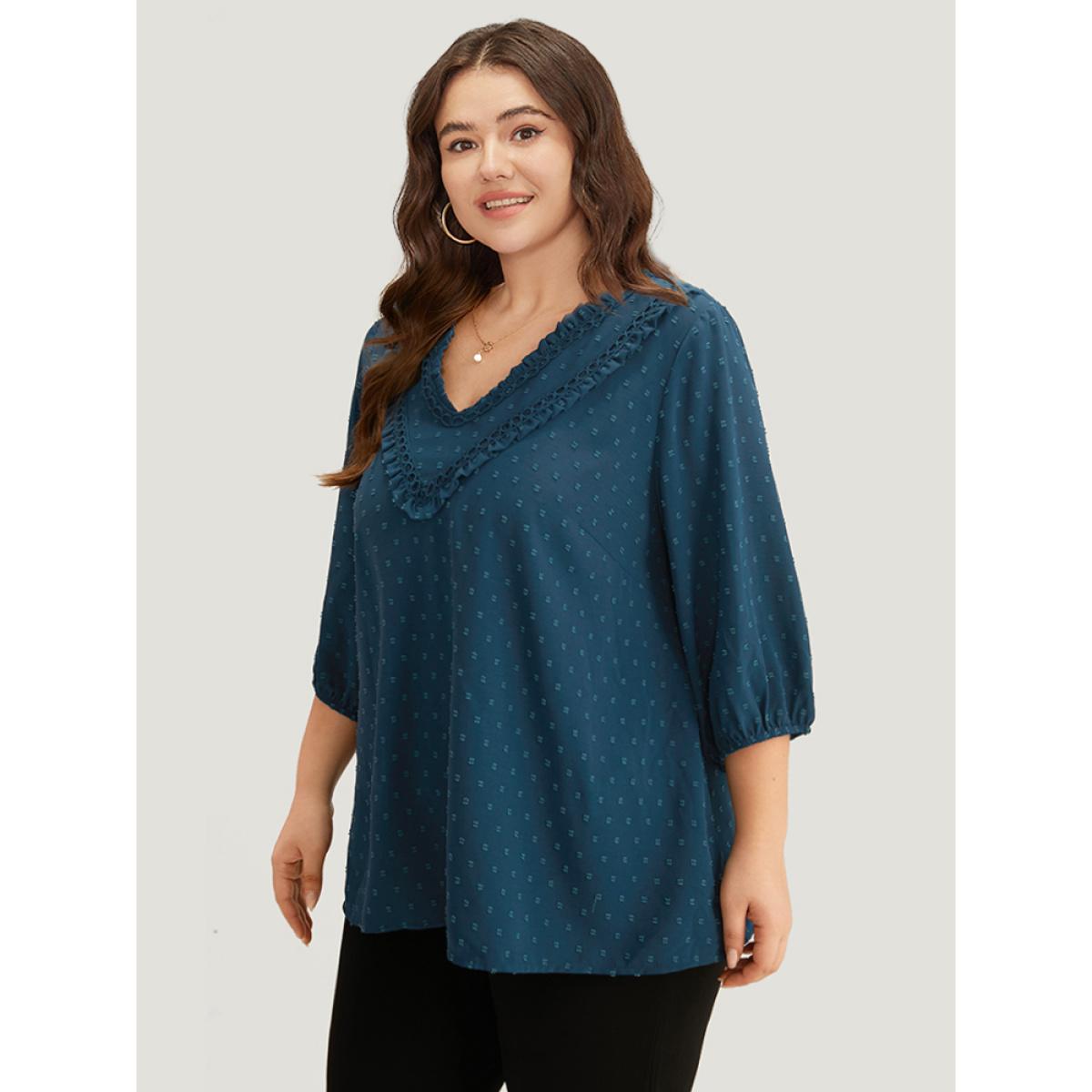 Plus Size Indigo Polka Dot Frill Trim Lantern Sleeve Blouse Women Elegant Elbow-length sleeve V-neck Dailywear Blouses BloomChic 12/L Product Image