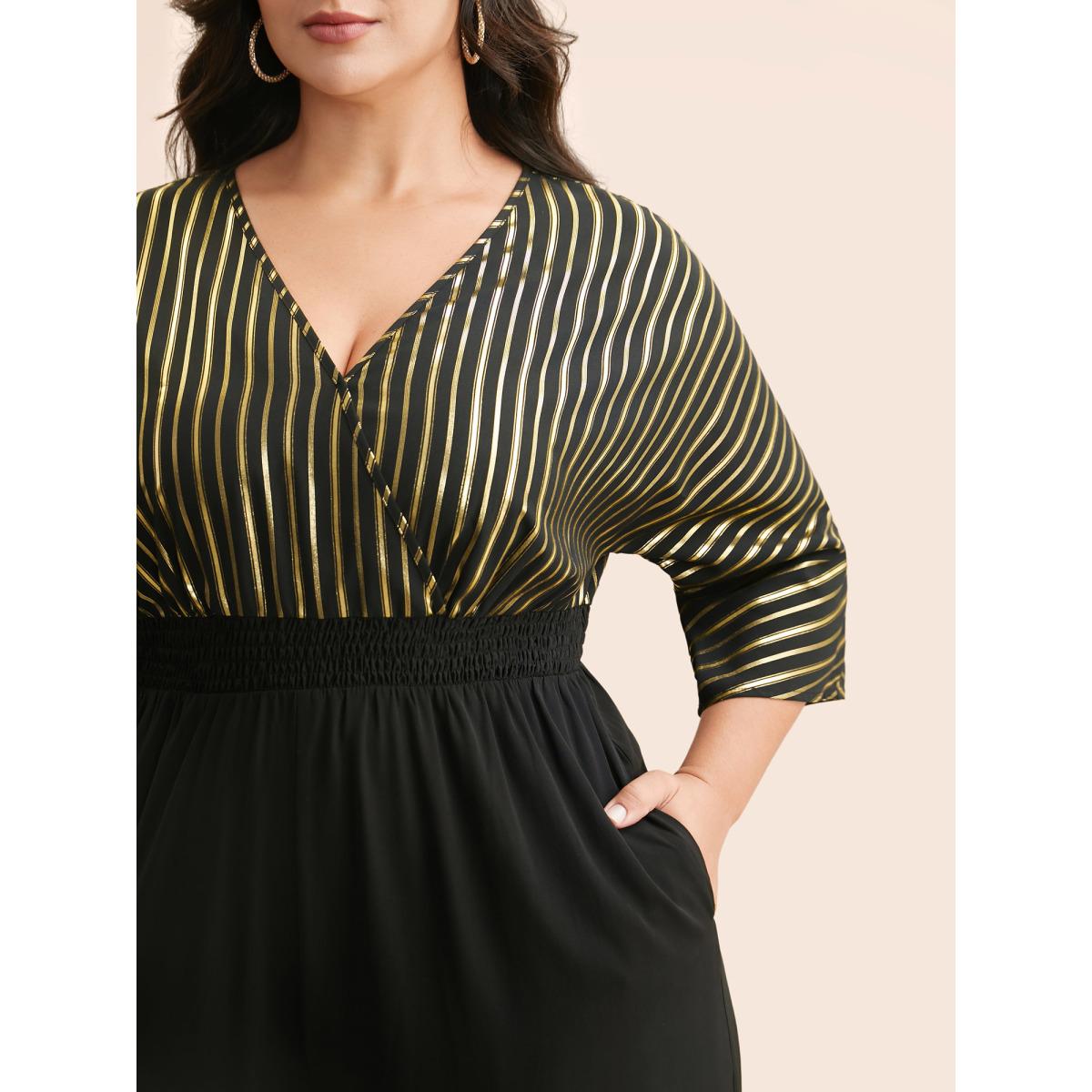 Plus Size Black Glitter Striped Patchwork Shirred Jumpsuit Women Cocktail Elbow-length sleeve Overlap Collar Party Loose Jumpsuits BloomChic 22-24/3X Product Image