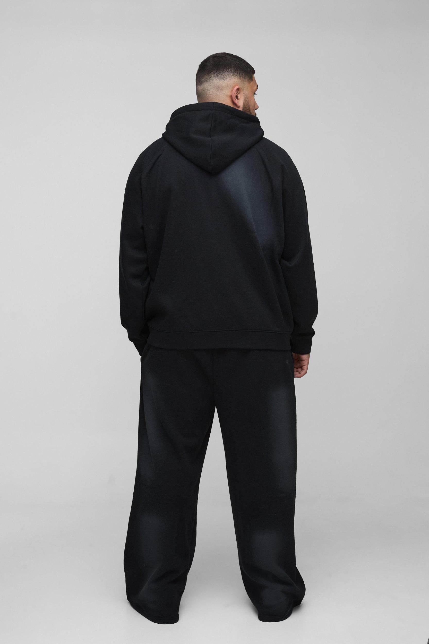 Plus Oversized Raglan Zip Thru Embroidered Spray Wash Hooded Tracksuit | boohooMAN USA Product Image