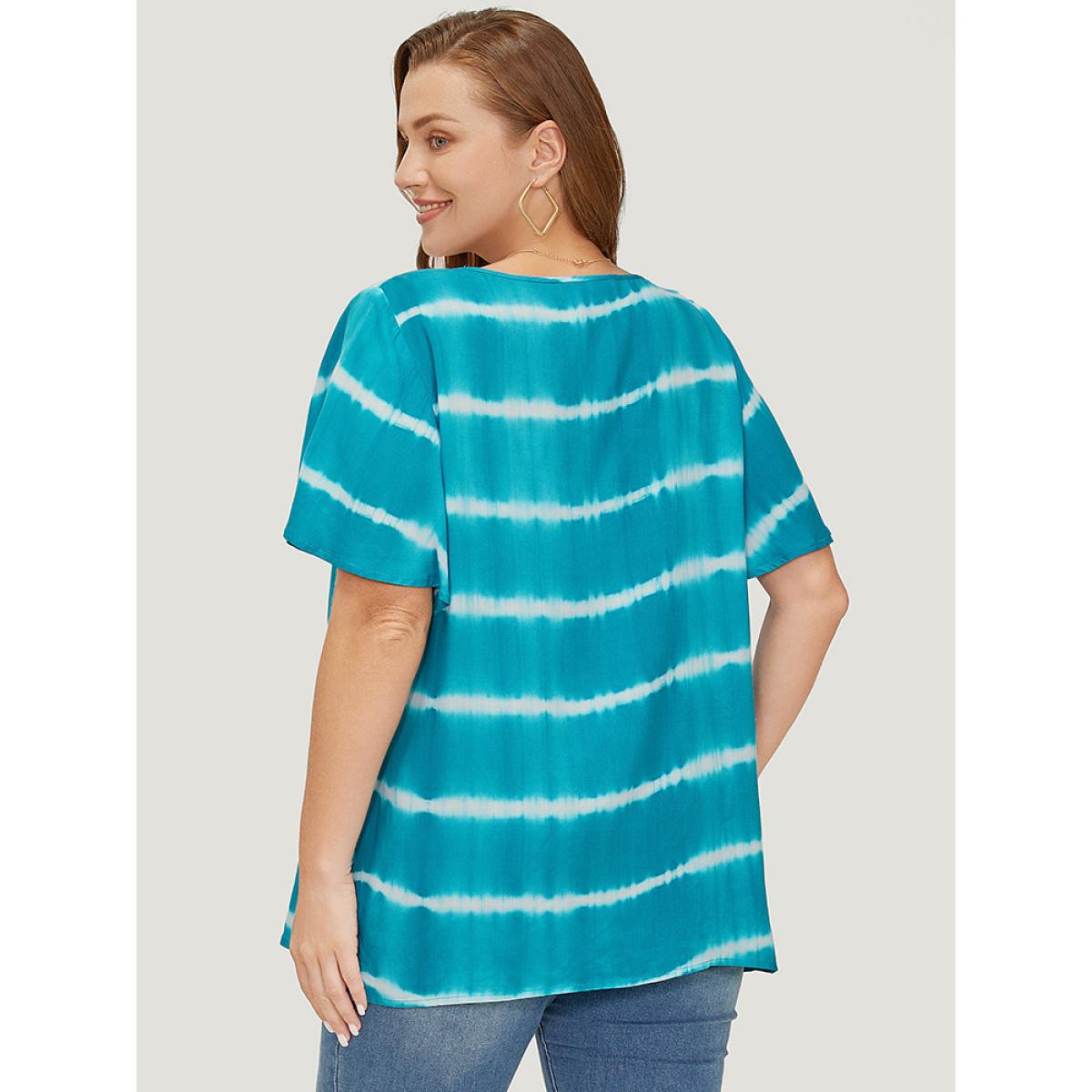 Plus Size Cerulean Tie Dye Contrast Trim Striped Blouse Women Vacation Short sleeve V-neck Dailywear Blouses BloomChic 22-24/3X Product Image