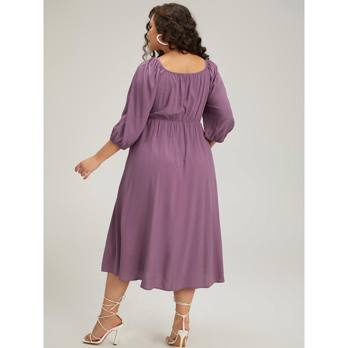 Plus Size Plain Shirred Square Neck Elastic Cuffs Dress Mauve Women Elegant Elastic cuffs Square Neck Elbow-length sleeve Curvy Midi Dress BloomChic 18-20/2X Product Image