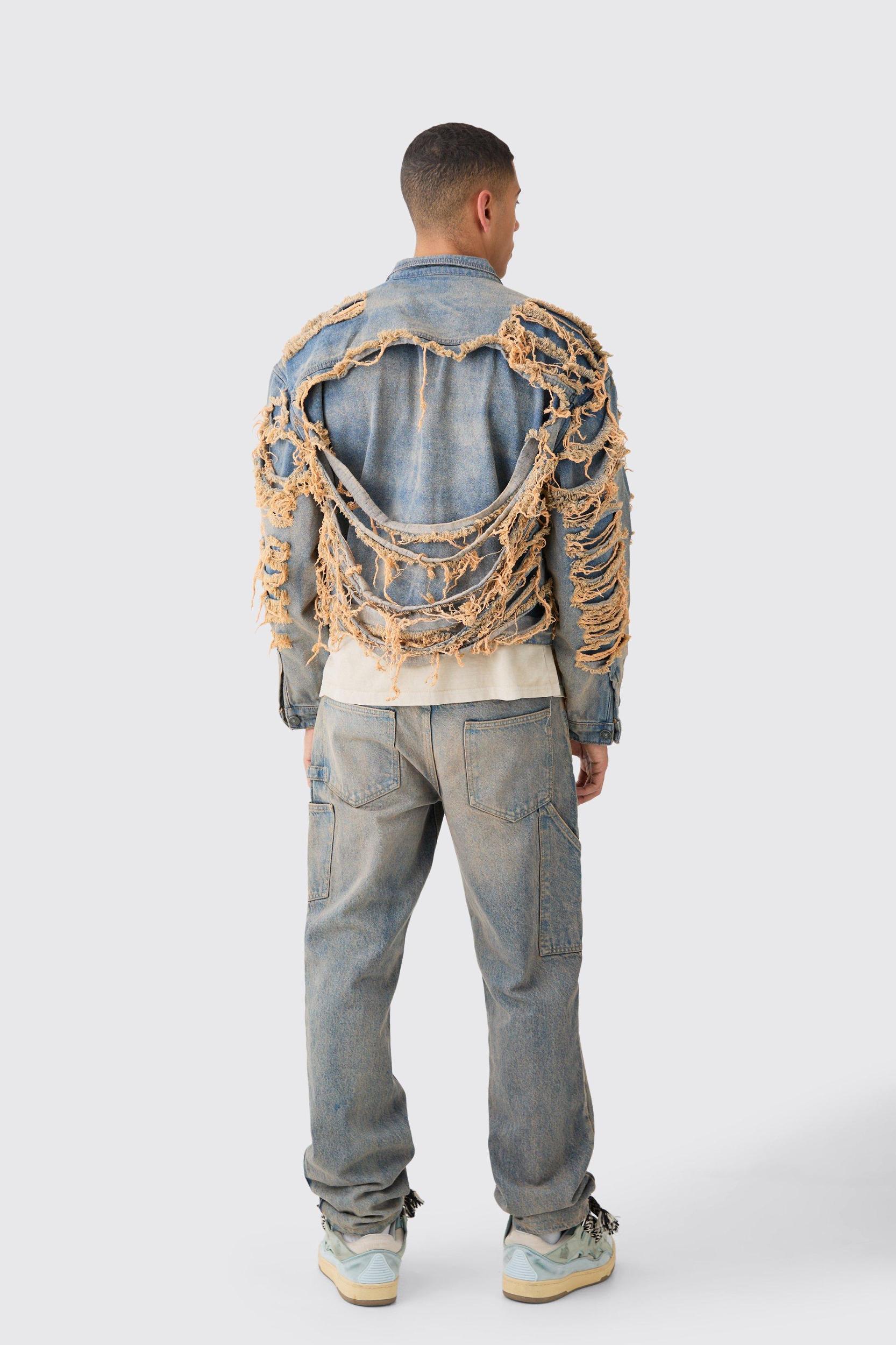 Boxy Fit Extreme Ripped Jean Jacket | boohooMAN USA Product Image