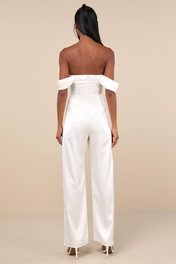 Unbelievable Aura White Satin Off-the-Shoulder Jumpsuit Product Image