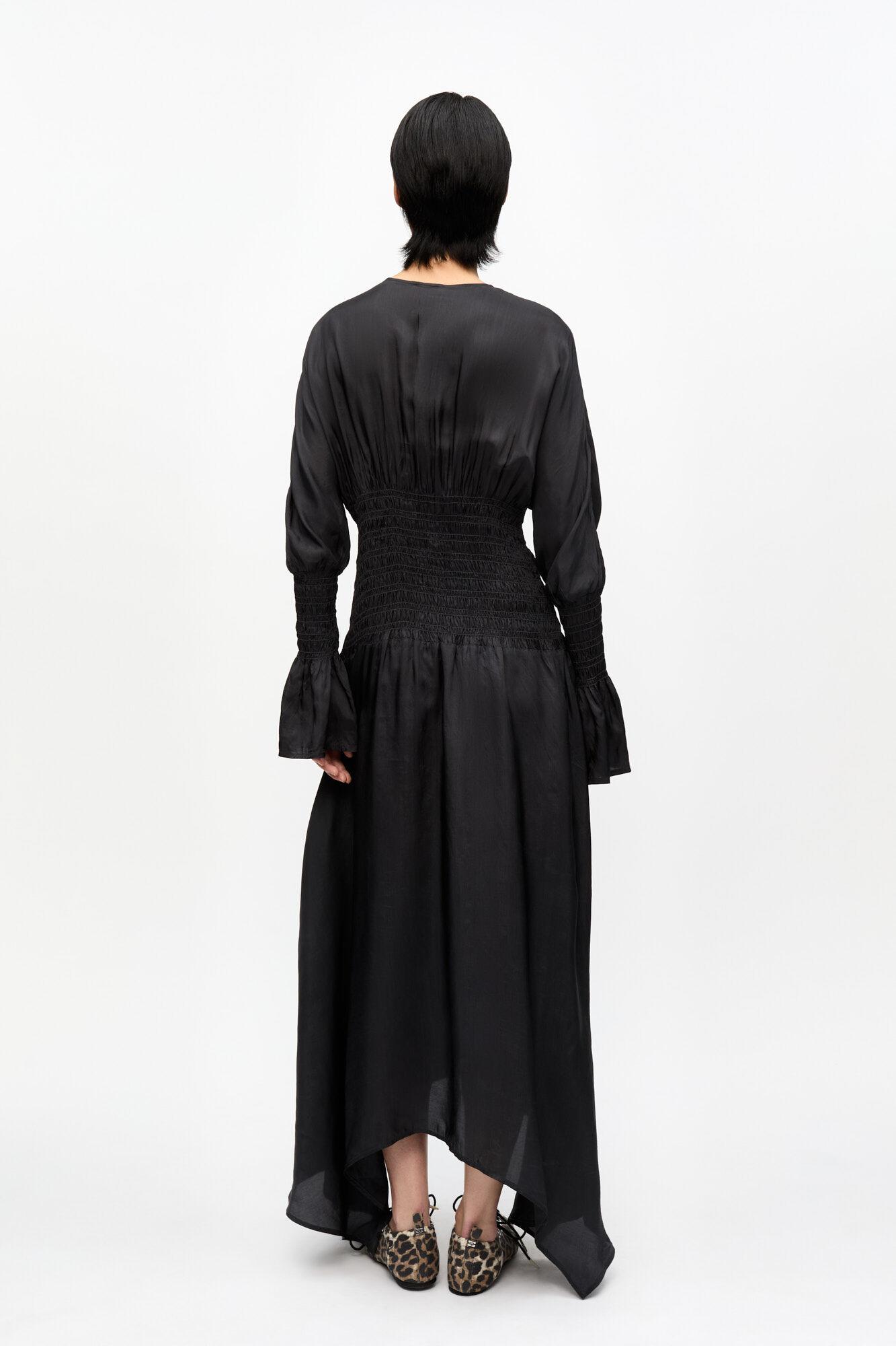 Black Viscose Habotai Smock Midi Dress Product Image