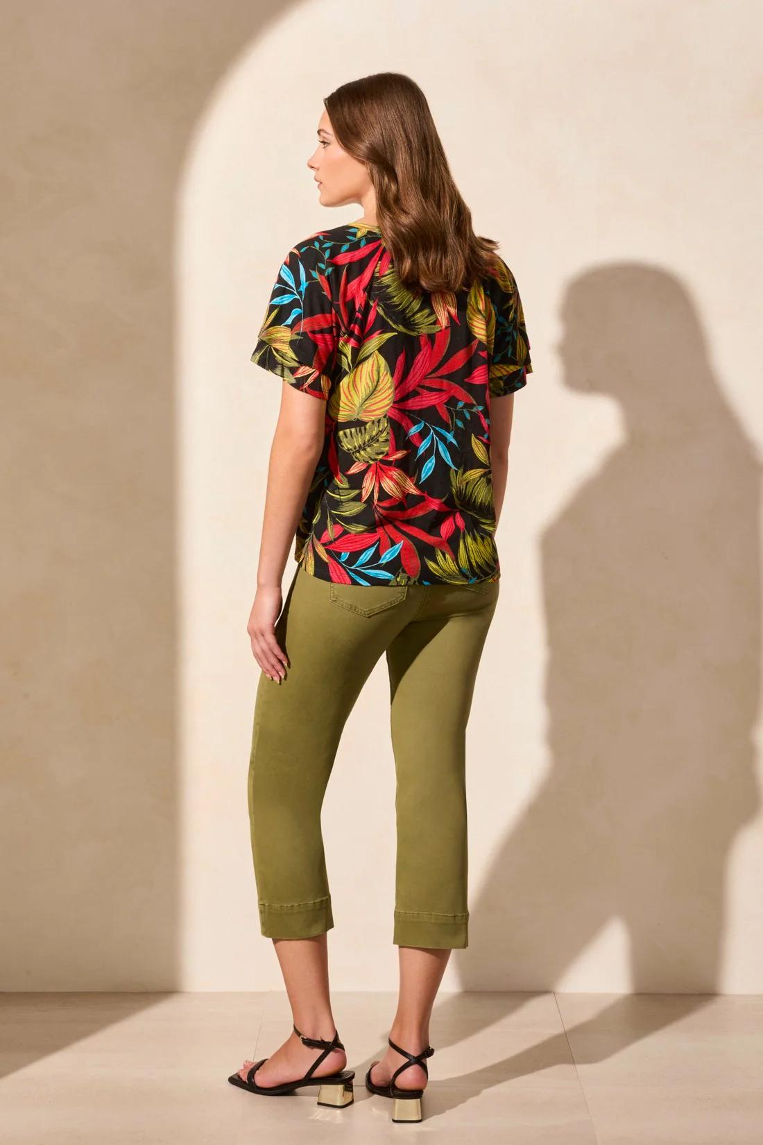 Linen-Blend Ruffle-Sleeve Crew Neck Top Product Image