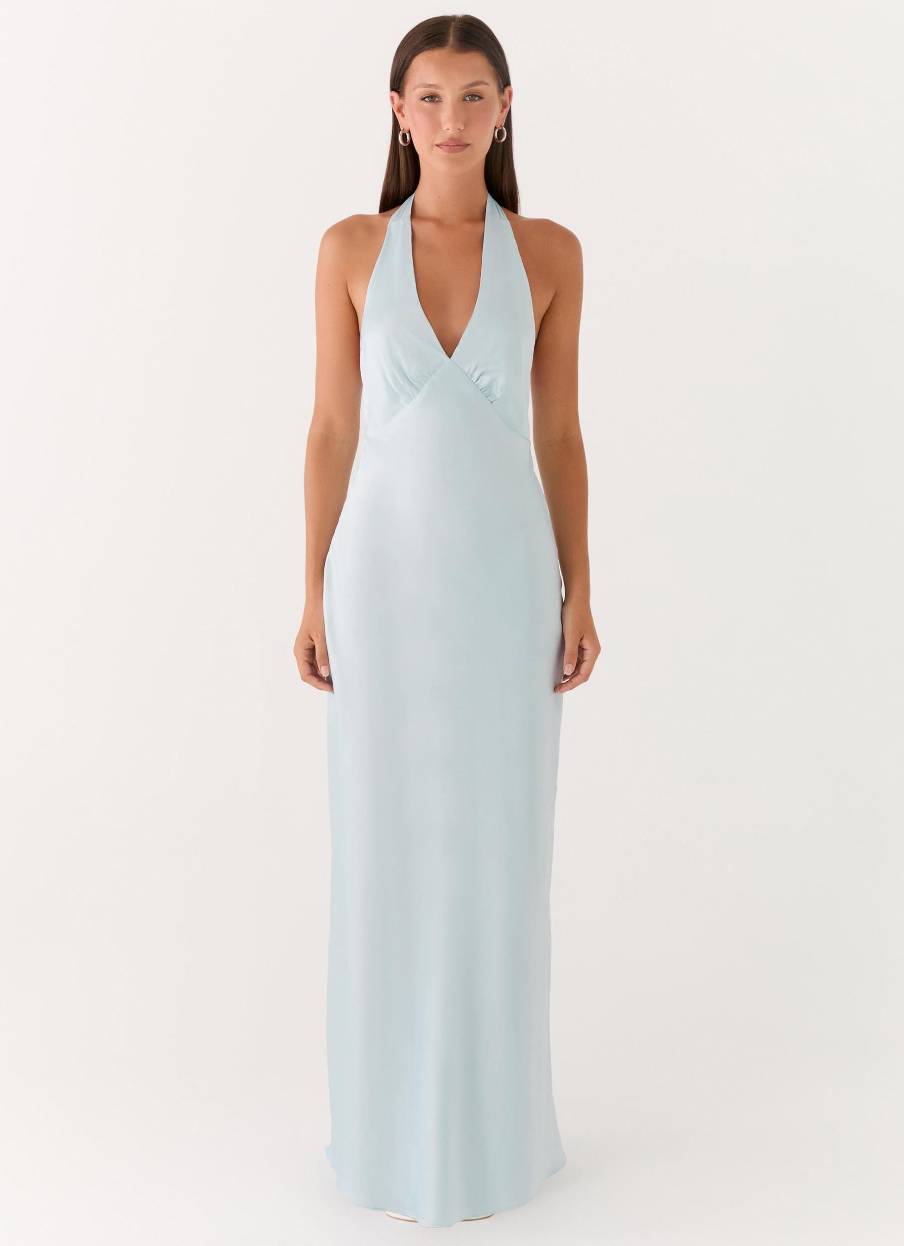 Heavy Hearted Satin Maxi Dress - Ice Blue Product Image