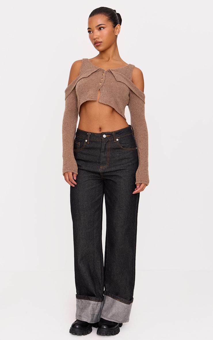 Taupe Boucle Knit Cold Shoulder Button Up Top Product Image