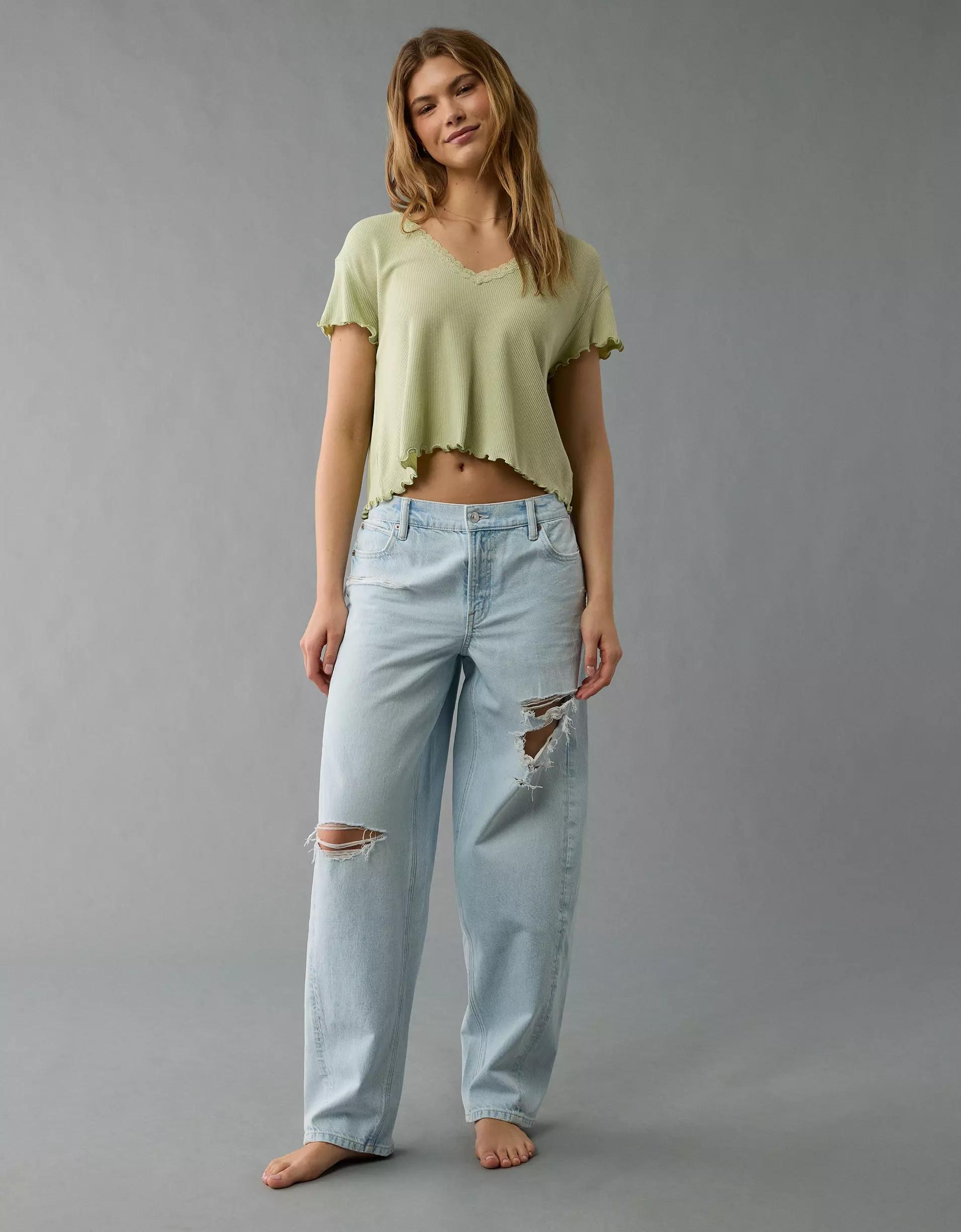 AE Soft & Sexy V-Neck Cropped Waffle T-Shirt Product Image