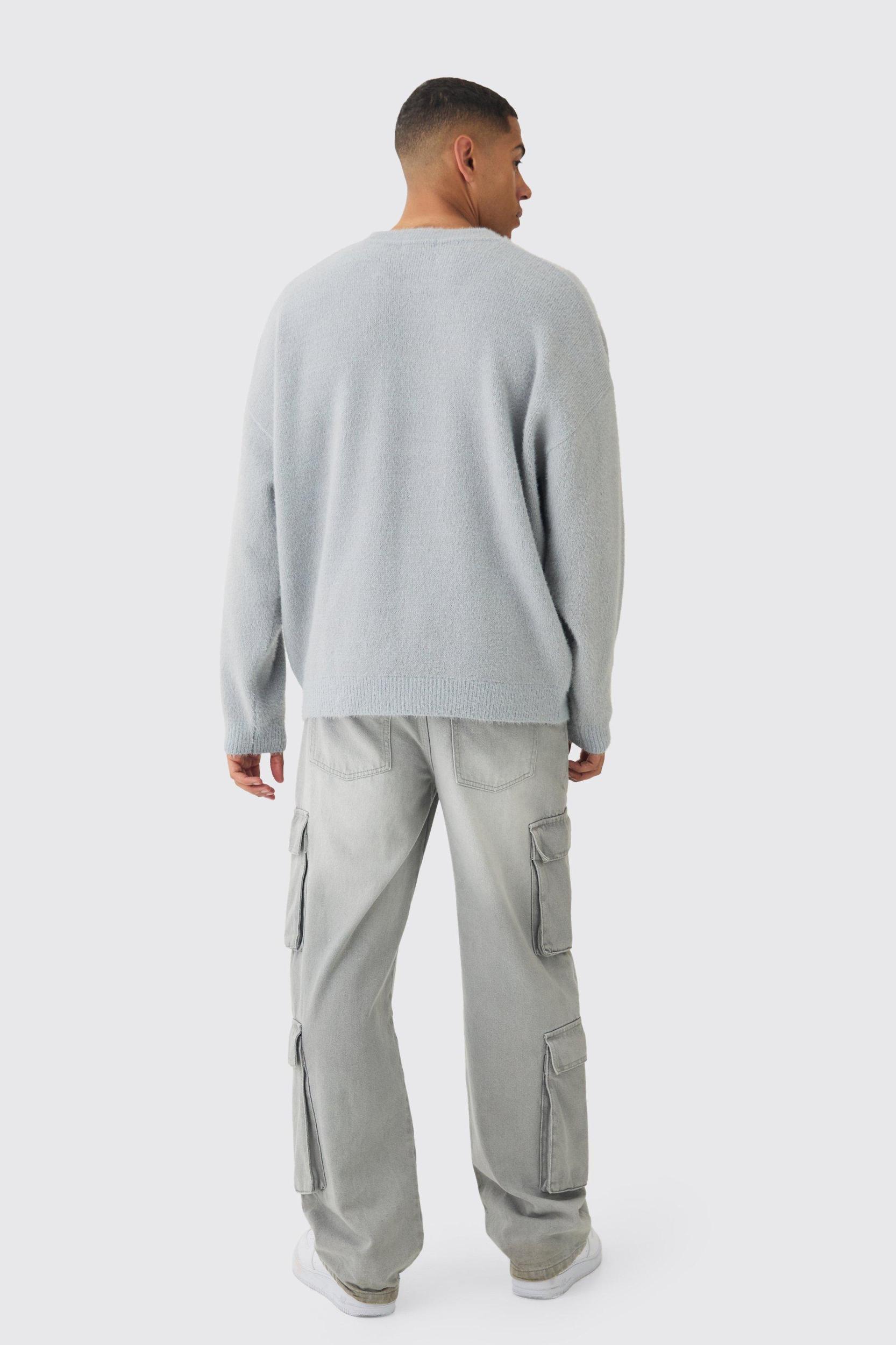 Oversized Fluffy Teddy Sweater in Grey | boohooMAN USA Product Image
