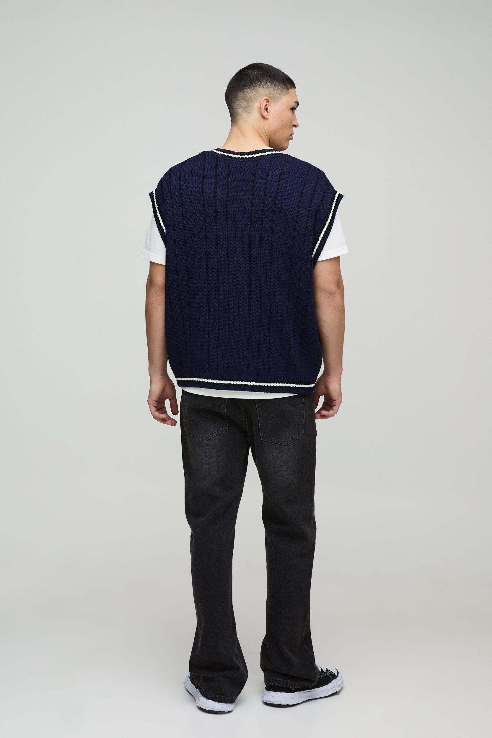 Oversized V Neck Varsity Stripe Knitted Undershirt | boohooMAN USA Product Image