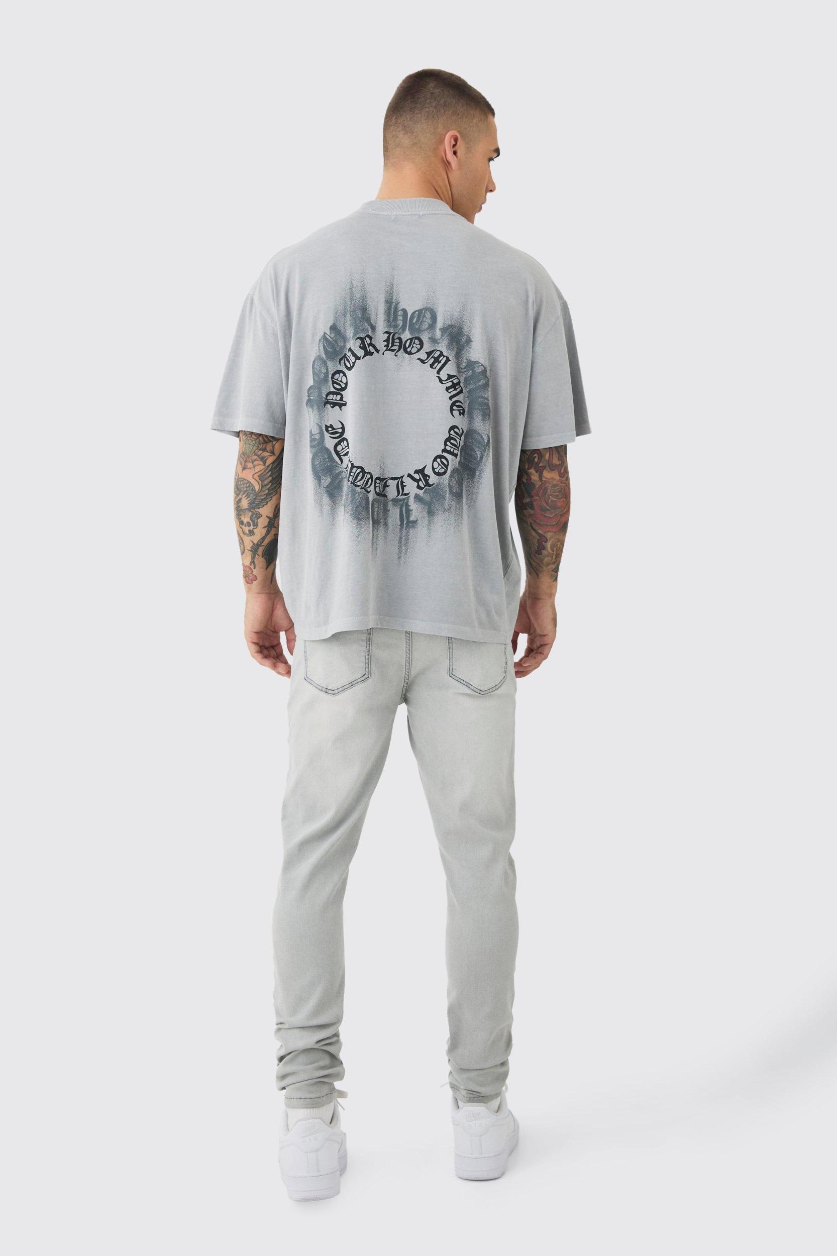 Oversized Boxy Extended Neck Washed Homme Print T-shirt | boohooMAN USA Product Image