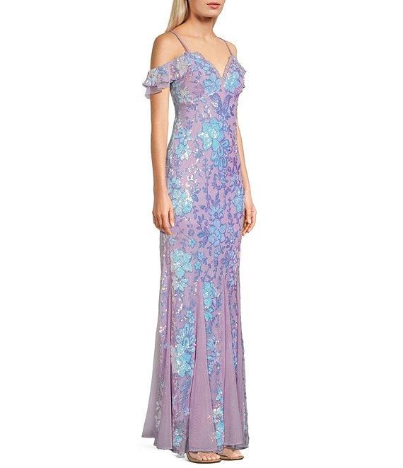 Morgan & Co. Floral Sequin V-Neck Off-The-Shoulder Sleeve Dress Product Image