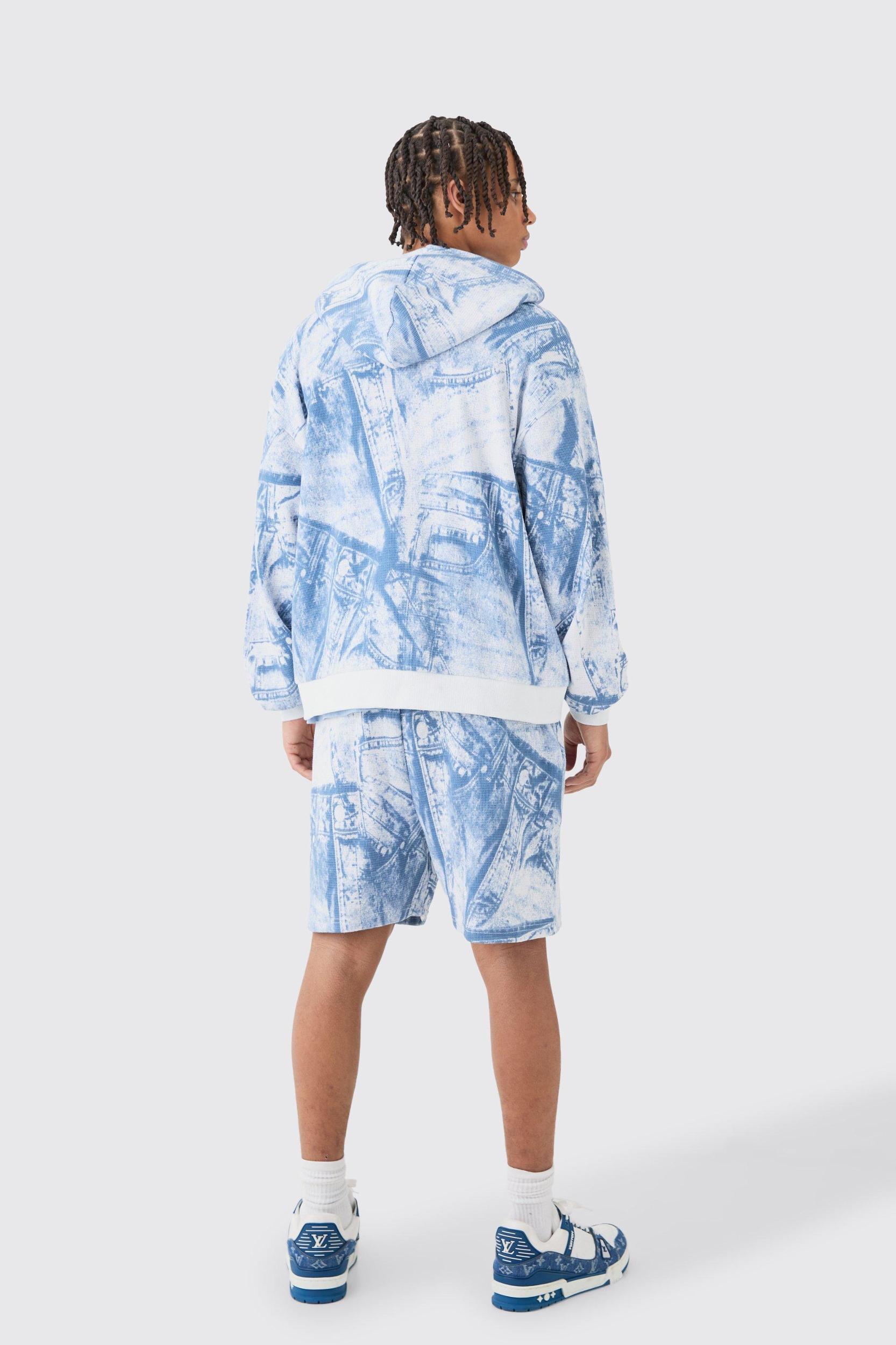 Boxy Zip Through Printed Heavyweight Waffle Hoodie | boohooMAN USA Product Image