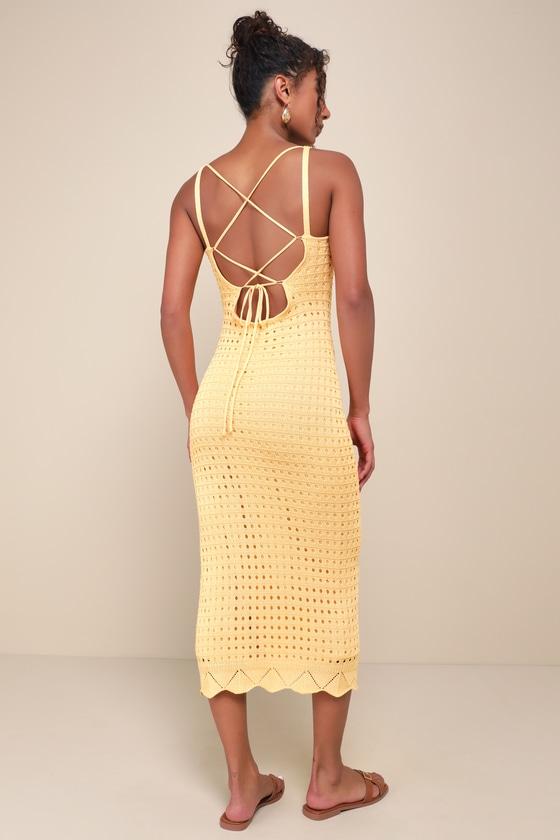 Ventura Vision Light Orange Crochet Lace-Up Midi Dress Product Image