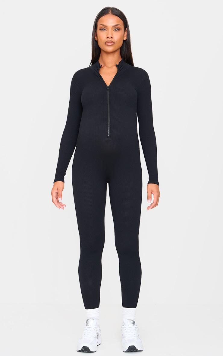 Maternity Black Snatched Ribbed Jumpsuit Product Image