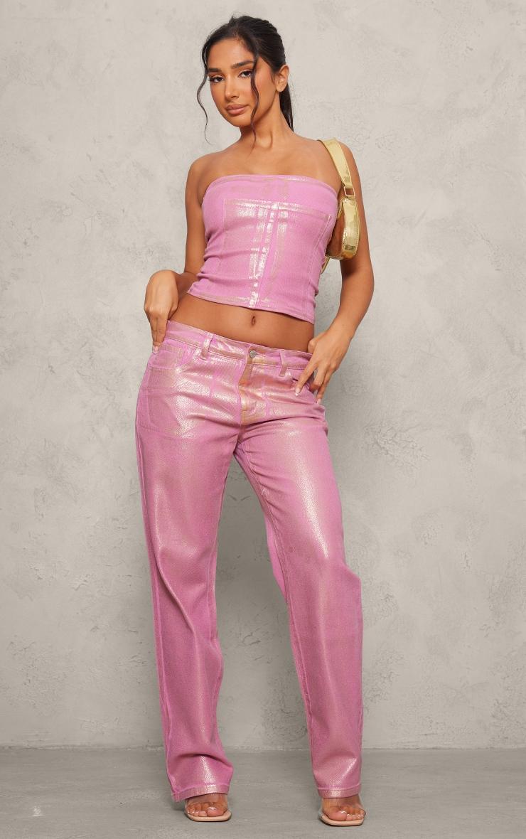 Petite Pink Metallic Denim Panel Long Top Product Image