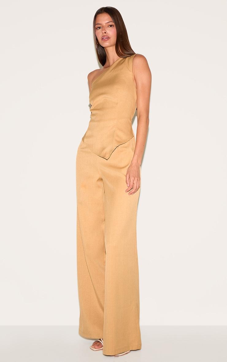Sand Woven One Shoulder Wide Leg Jumpsuit Product Image