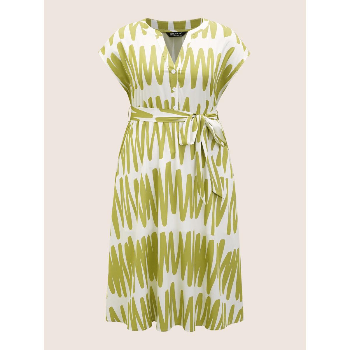 Plus Size Notched Striped Elastic Waist Split Hem Midi Dress Moss Women At the Office Belted Shirt collar Cap Sleeve Curvy BloomChic 12/L Product Image