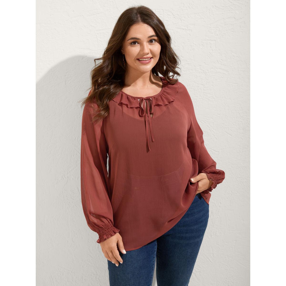 Plus Size Rust Sheer Ruffled Neck Flowy Solid Blouse Women Boho Extra Long Sleeve Notched collar Vacation Blouses BloomChic 14-16/1X Product Image