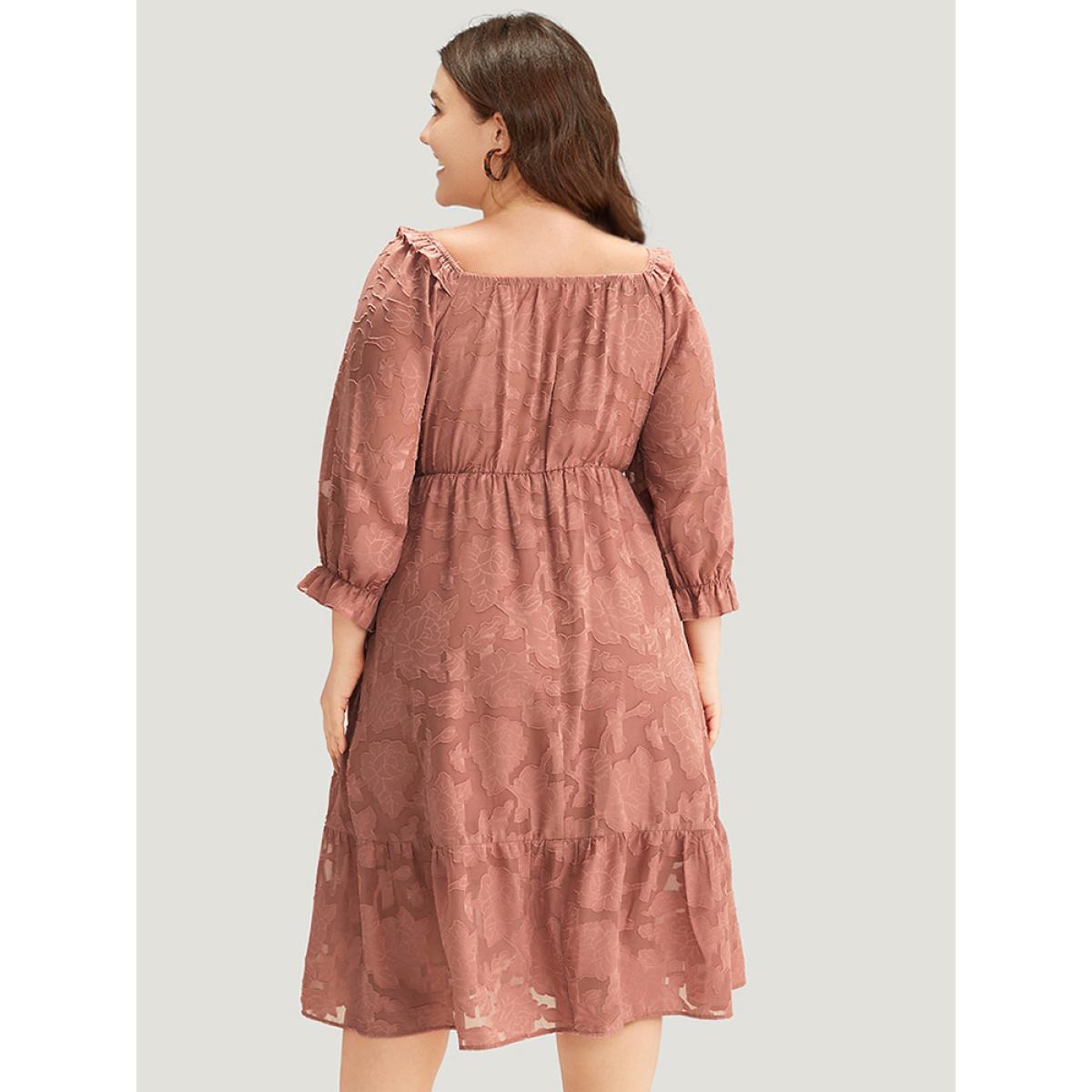 Plus Size Plain Pocket Frill Trim Lantern Sleeve Dress Watermelon Women Elegant Elastic cuffs Square Neck Elbow-length sleeve Curvy Midi Dress BloomChic 22-24/3X Product Image