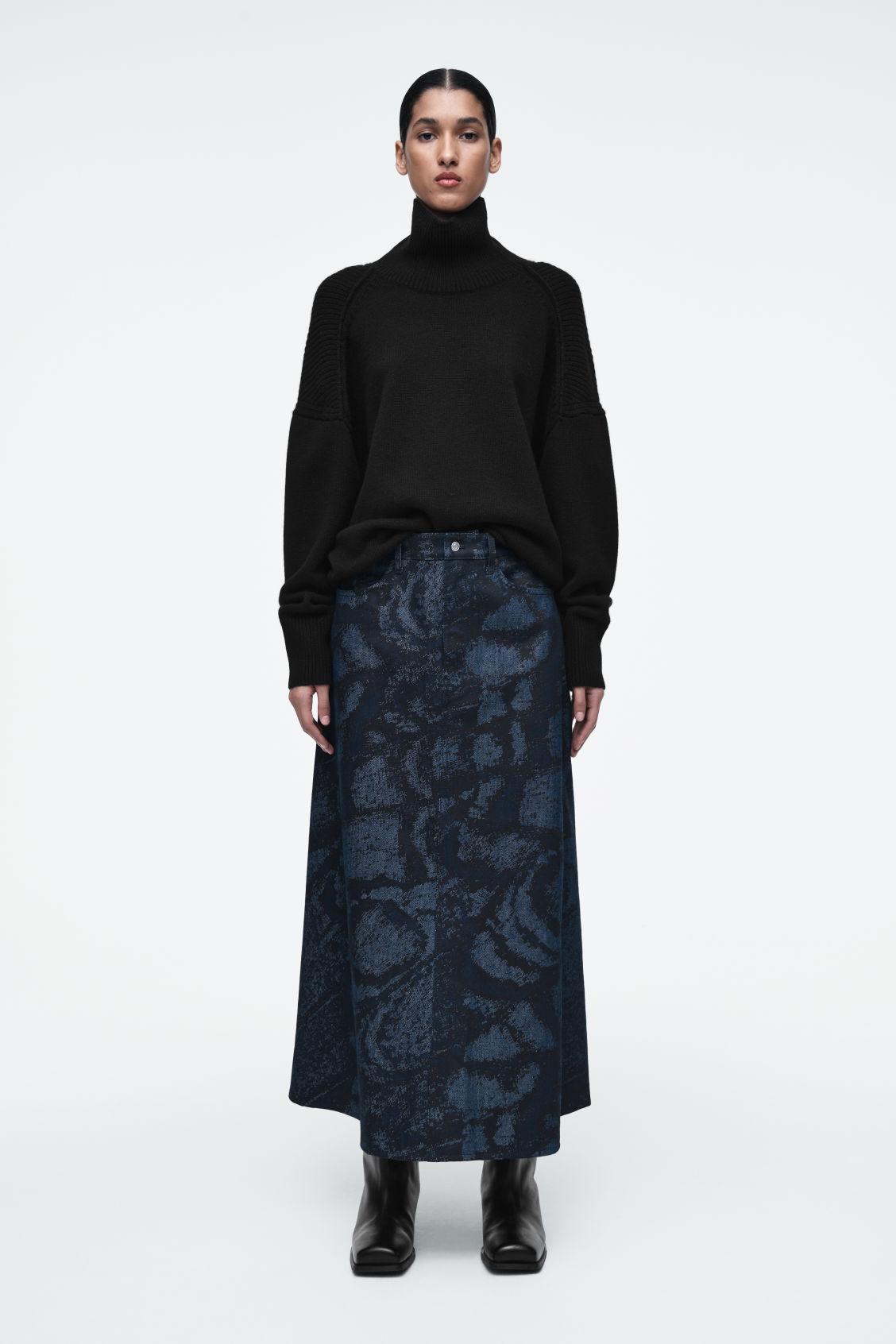 JACQUARD DENIM A-LINE MIDI SKIRT Product Image