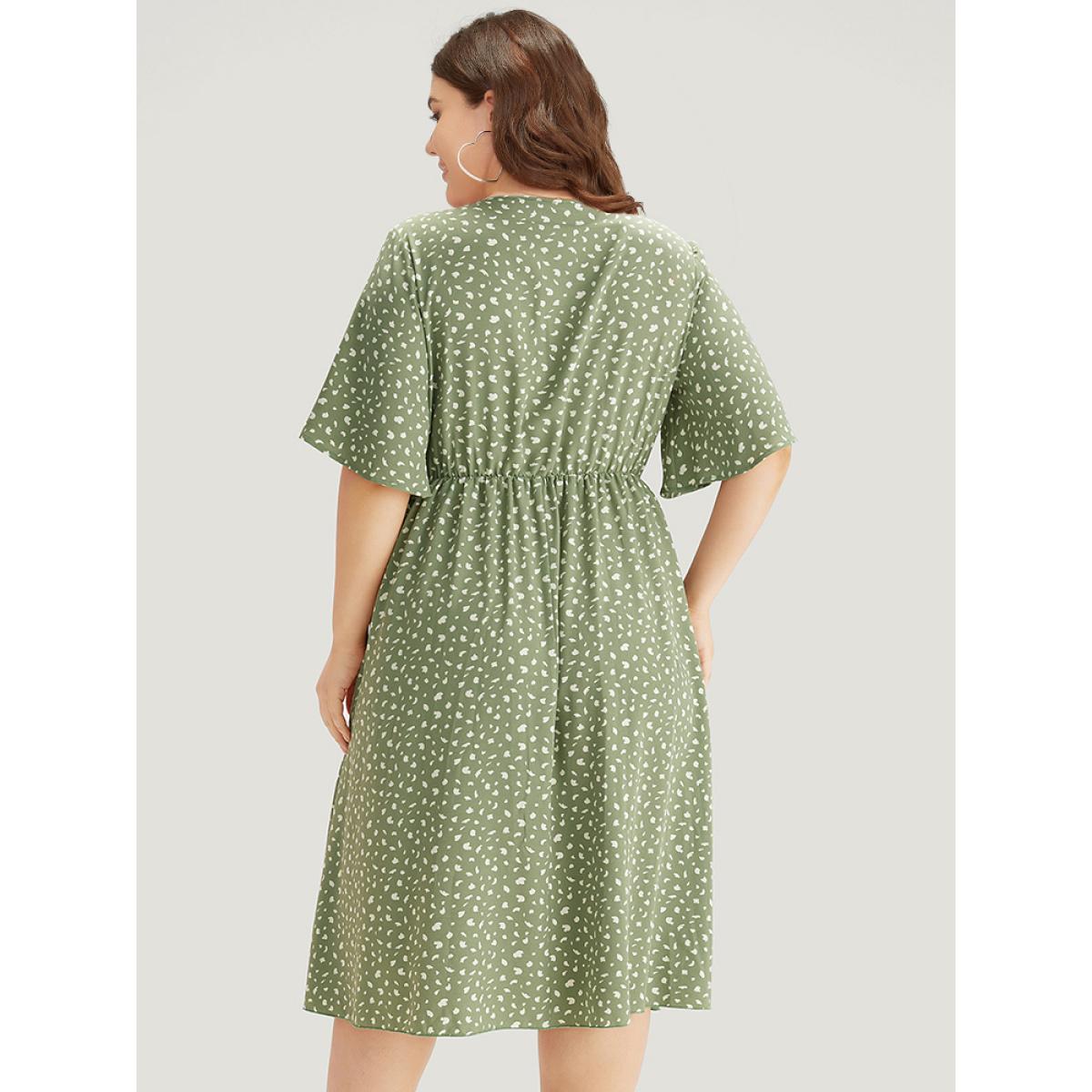 Plus Size Leopard Print Pocket Knot Neck Flutter Trim Dress Sage Women Office Cross straps Notched collar Short sleeve Curvy Midi Dress BloomChic 18-20/2X Product Image
