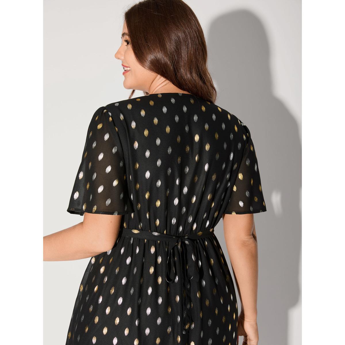 Plus Size Sheer Polka Dots Wrap Midi Dress Black Women Overlap Collar Short sleeve Curvy BloomChic 28/5X Product Image