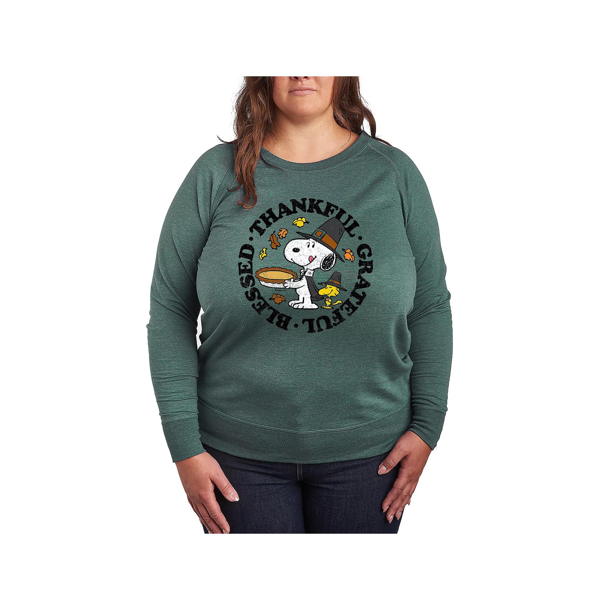 Women's Peanuts Snoopy & Woodstock Thankful Grateful Blessed French Terry Long Sleeve Tee,  Product Image