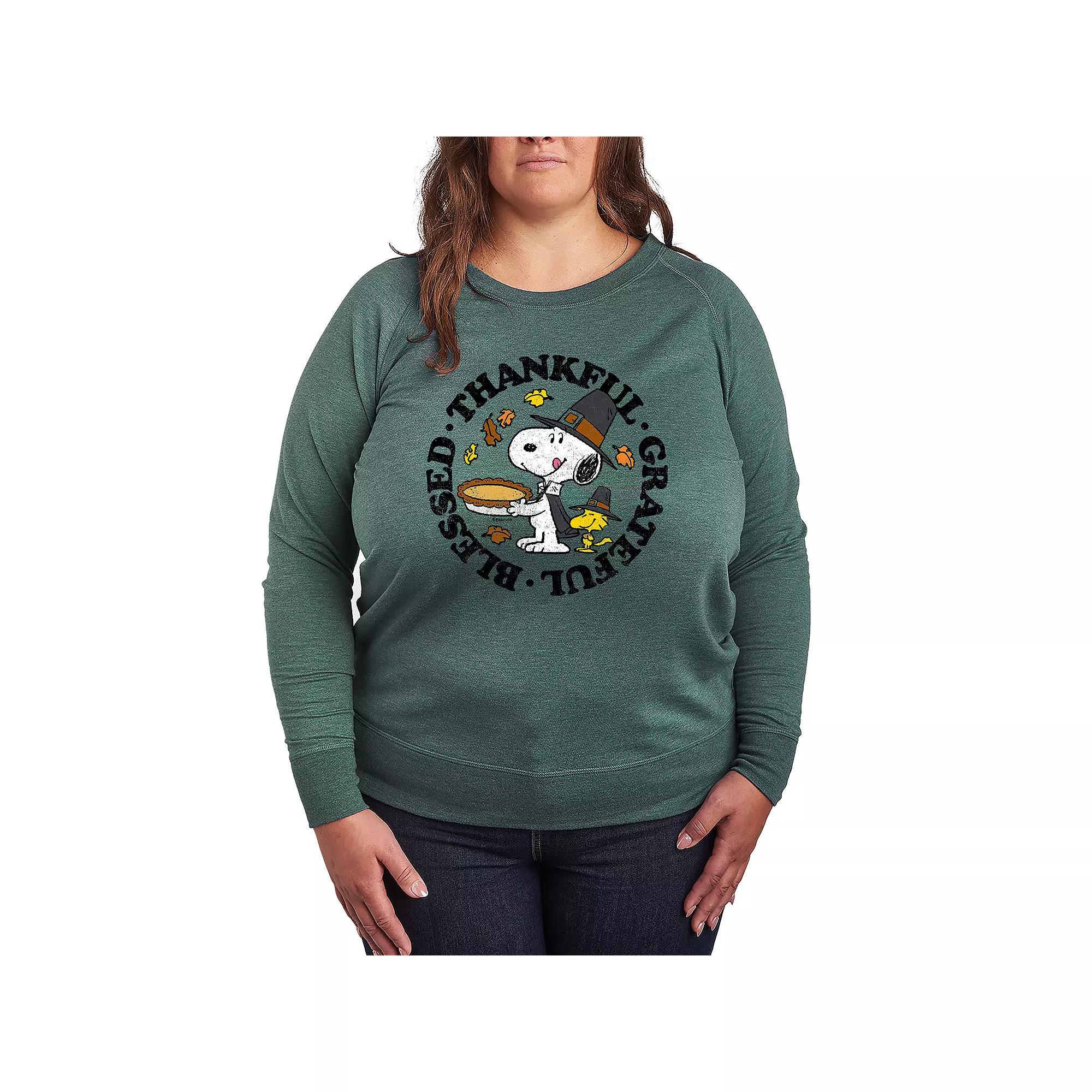 Women's Peanuts Snoopy & Woodstock Thankful Grateful Blessed French Terry Long Sleeve Tee,  Product Image