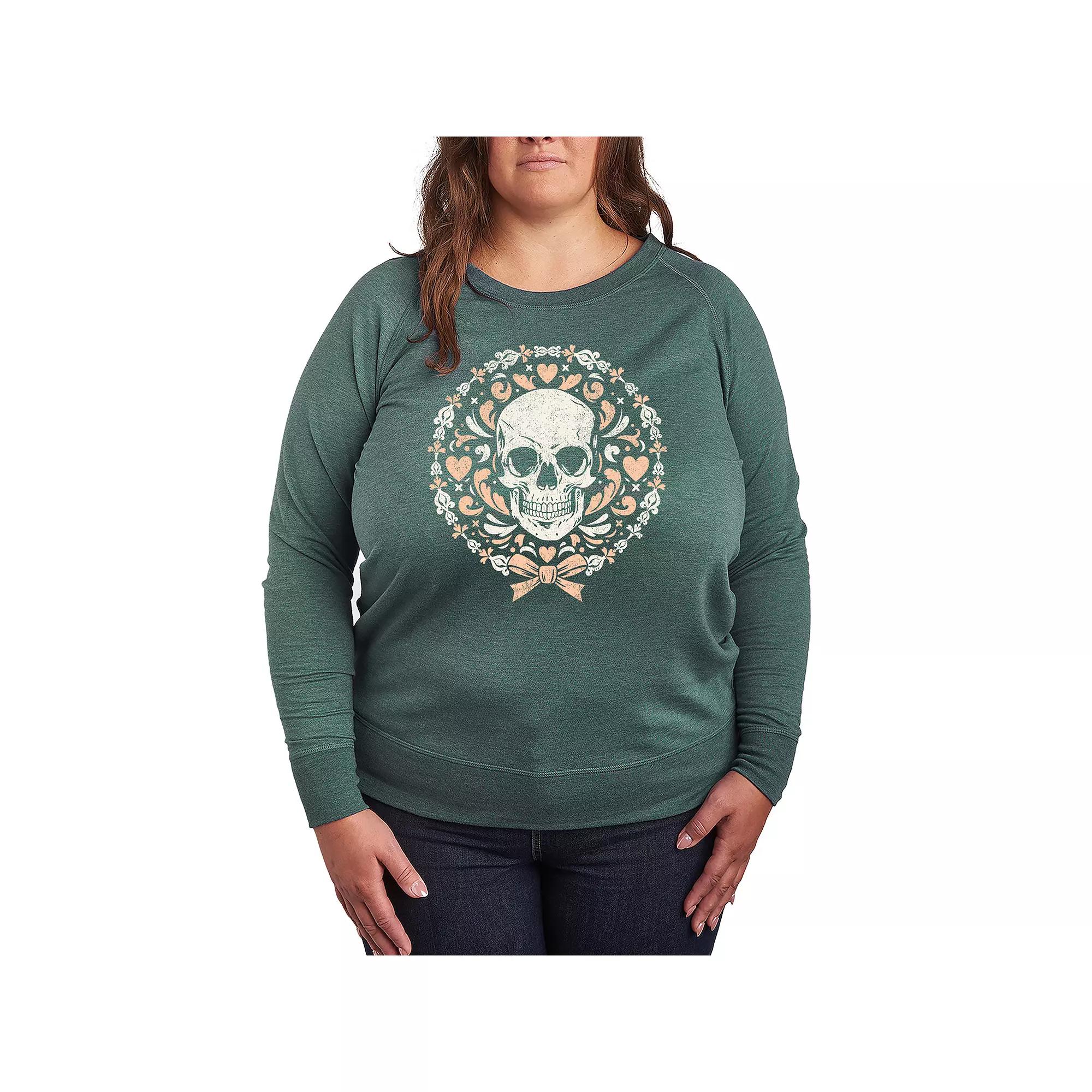 Plus Size Coquette Skull French Terry Long Sleeve Tee, Women's, Size: 2XL, Grey Green Product Image