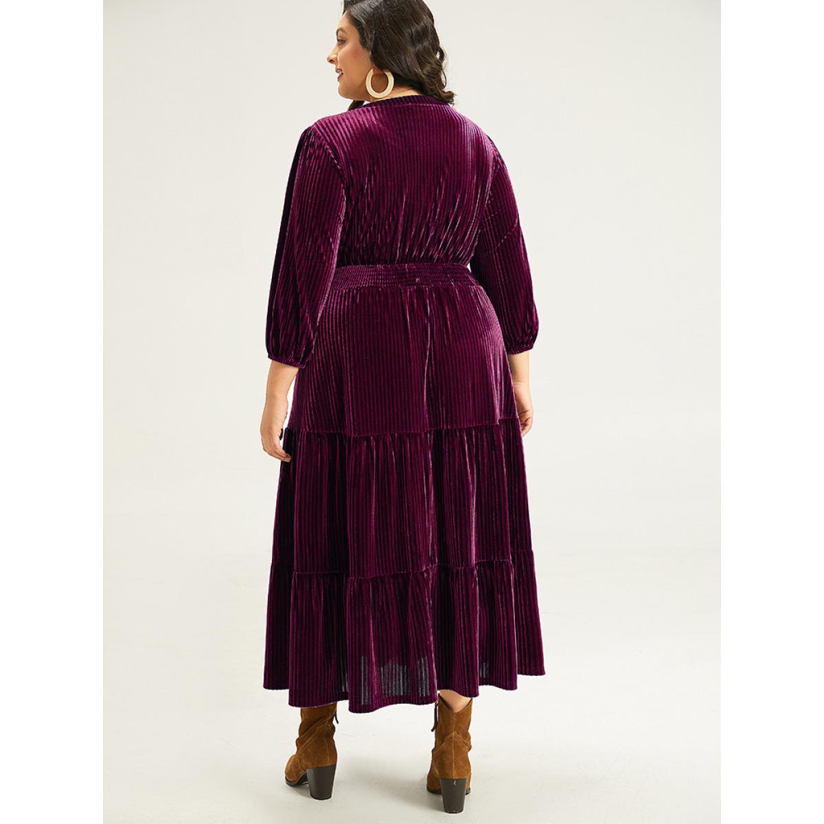 Plus Size Velvet Shirred Pocket Notched Dress Black Women Elegant Elastic cuffs Notched collar Elbow-length sleeve Curvy Midi Dress BloomChic 10/M Product Image