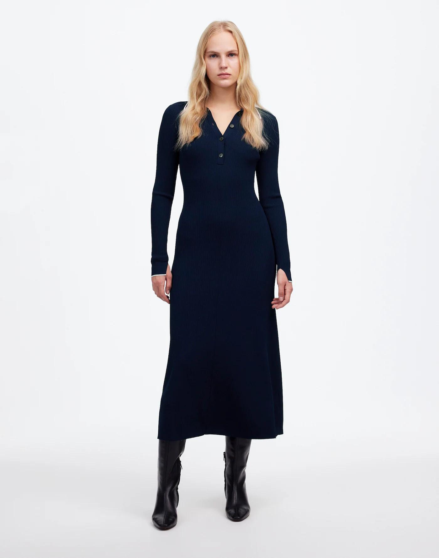 Ribbed Long-Sleeve Midi Dress Product Image