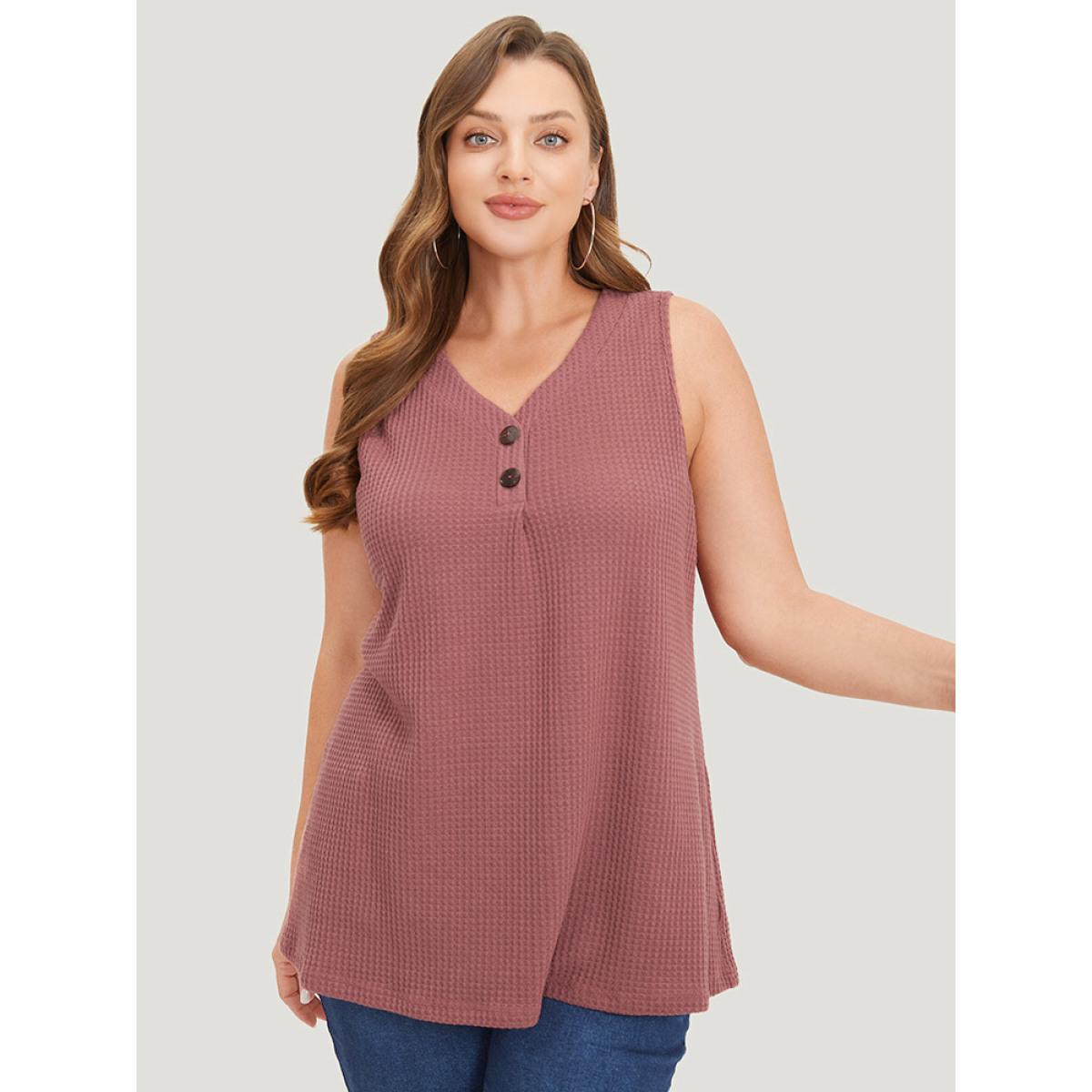 Plus Size Waffle Knit Button Detail Plicated Detail Tank Top Women DustyPink Casual V-neck Dailywear Tank Tops Camis BloomChic 30/6X Product Image
