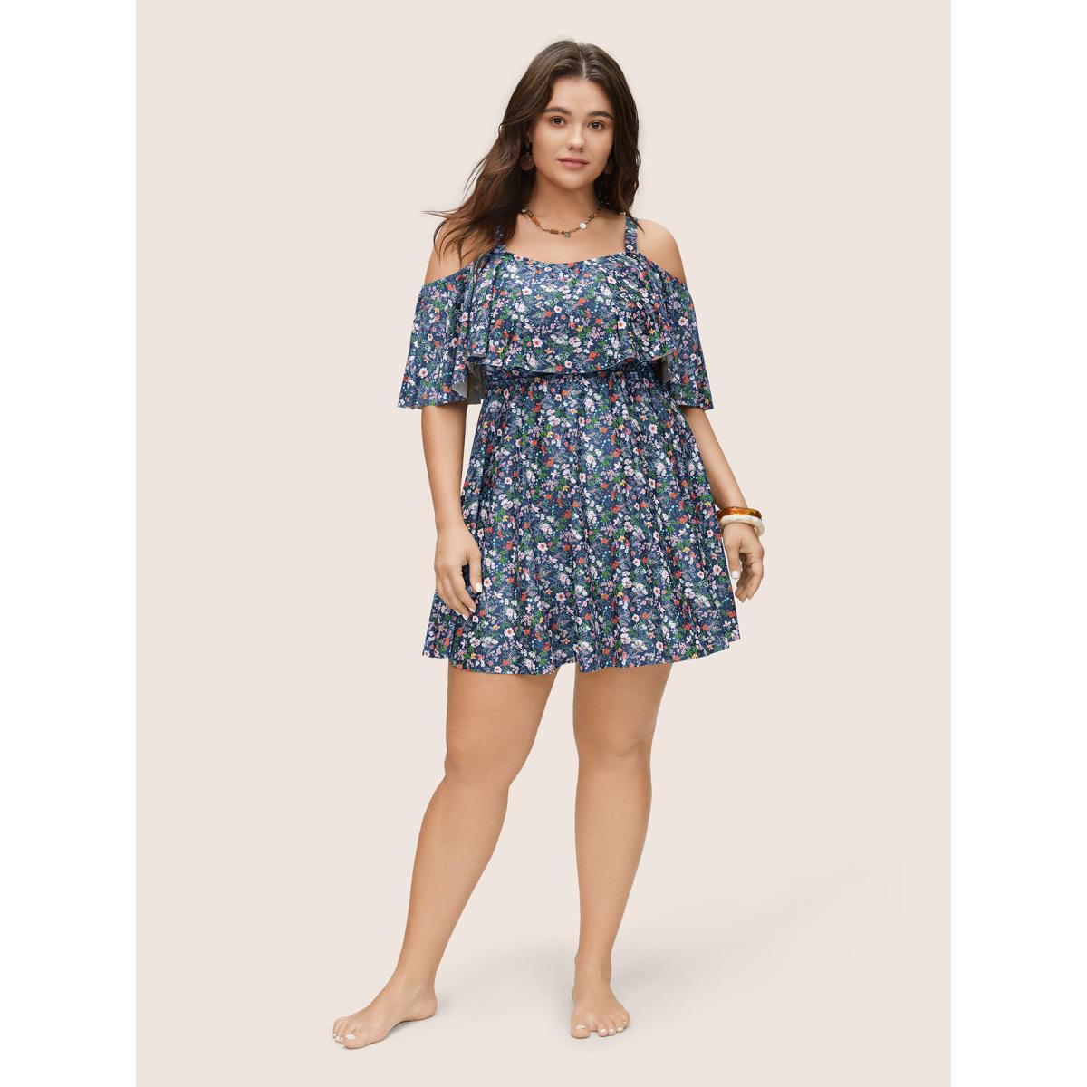Plus Size Ditsy Floral Ruffles Cold Shoulder Swim Dress Women's Swimwear Indigo Beach Bodycon One-shoulder neck High stretch Curve Swim Dresses BloomChic 28/5X Product Image