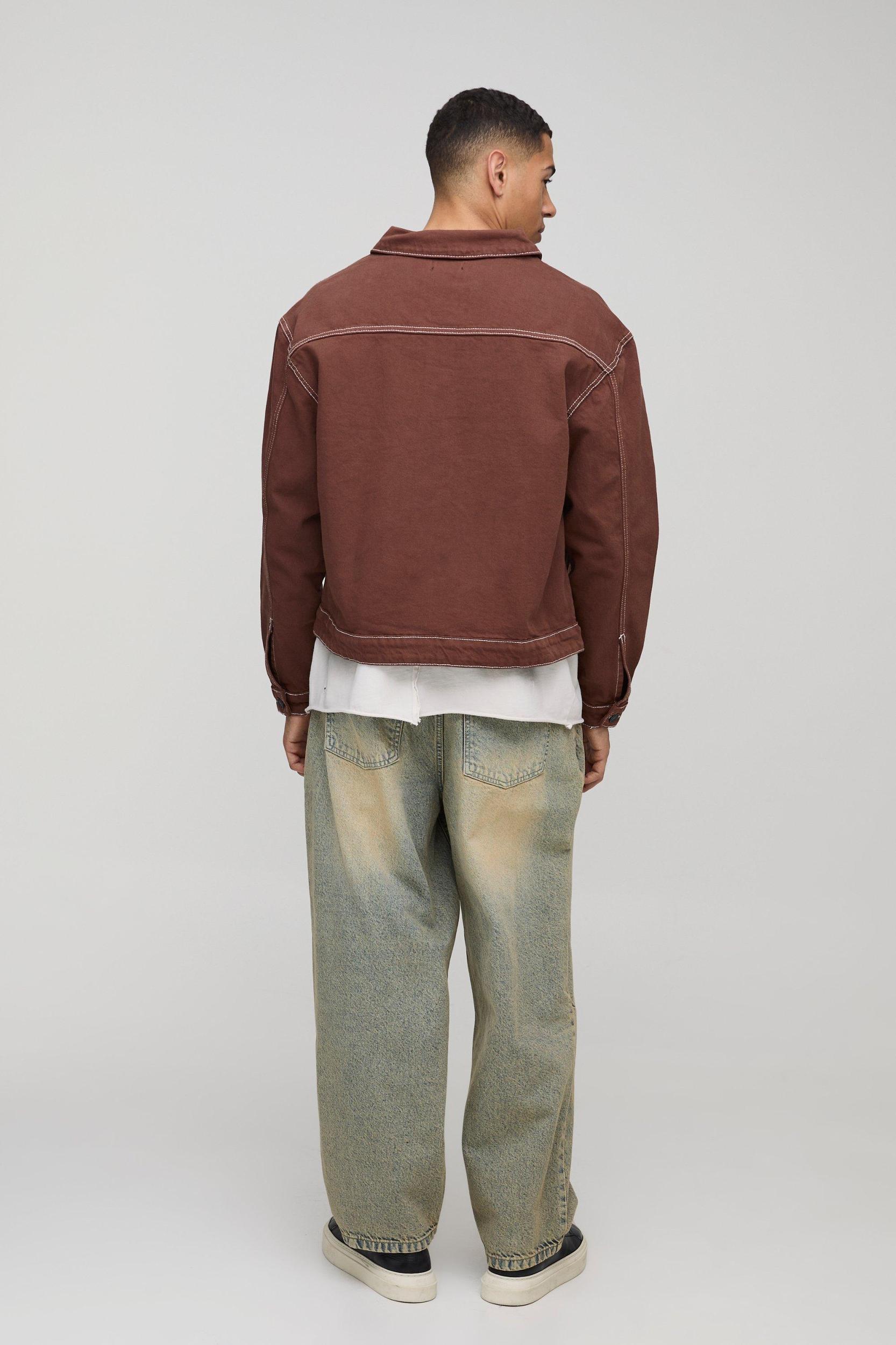 Boxy Harrington Contrast Stitch Jean Jacket | boohooMAN USA Product Image