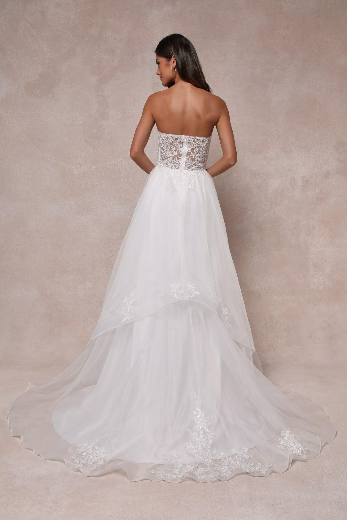 Mine, All Mine White Embroidered Organza Strapless A-Line Gown Product Image