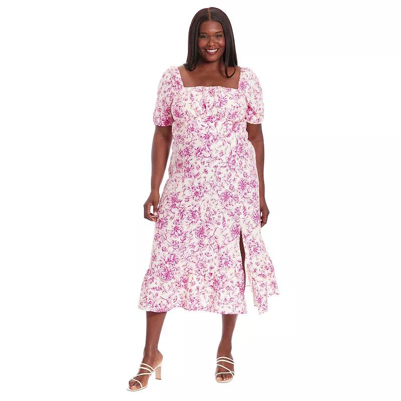 Plus Size London Times Floral Square Neck Puff Sleeve Empire Waist Midi Dress, Women's, Size: 18 W, Ivory Pink Product Image